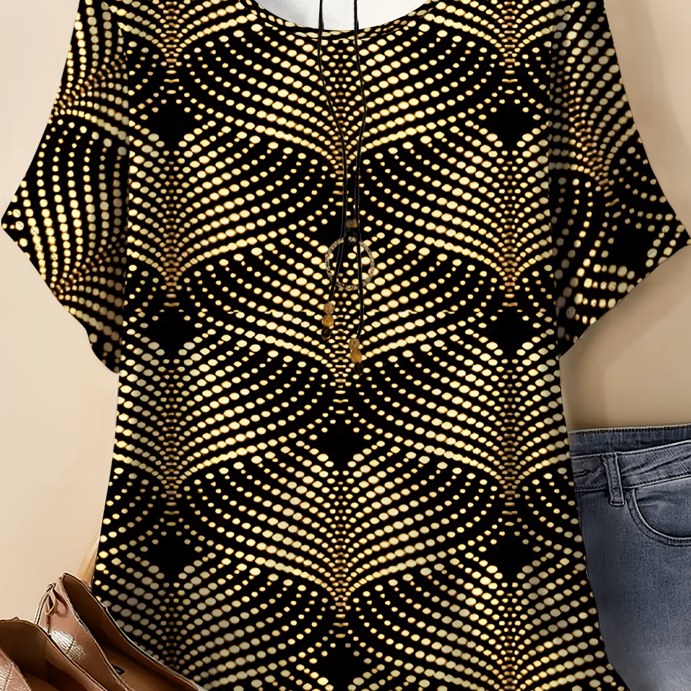 TEMU Plus-size Women's T-shirt, Solid Black Color, Summer Fashion Casual Crew Neck T-shirt