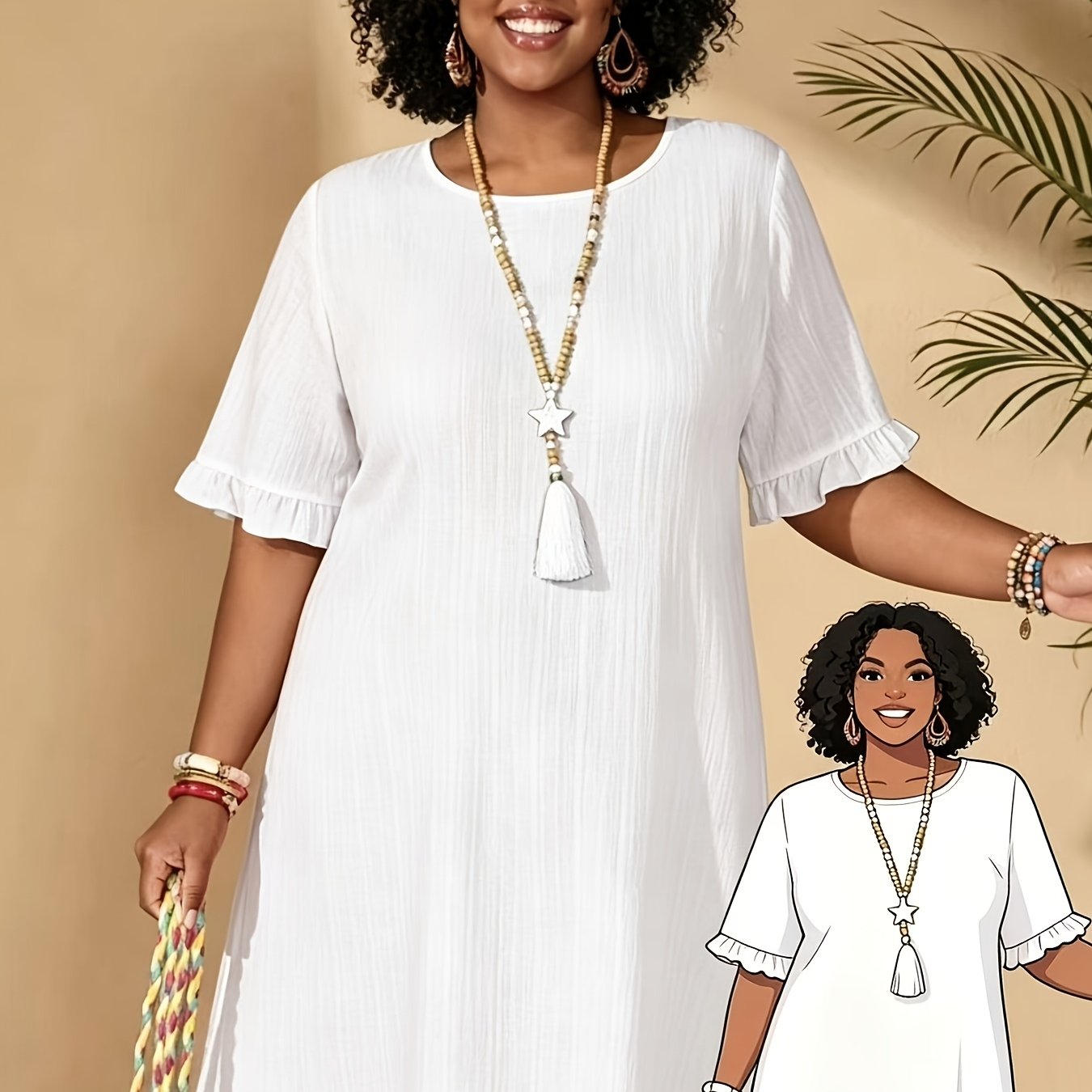 TEMU Plus Size - Western Plus Size Solid Easy Casual Round Neck Short Sleeve Dress, Suitable For Summer, Holidays, Beach, Vacation, And Various