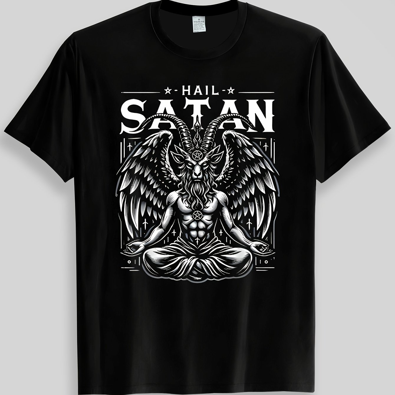 TEMU Olid Color Hort-leeve Printed T-, Featurin A Mysterious Gothic Aesthetic, Celebratin Atan And Baphomet, Uni