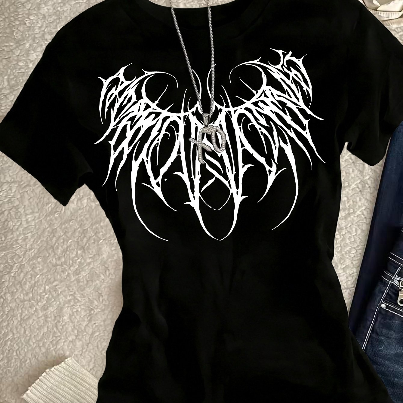 TEMU 00008-y2k Trendy Cool Illustration Print Short-sleeved Round Neck Casual Slim-fitting Women's T-shirt 2026 New Gothic Dark Style-ldh2309