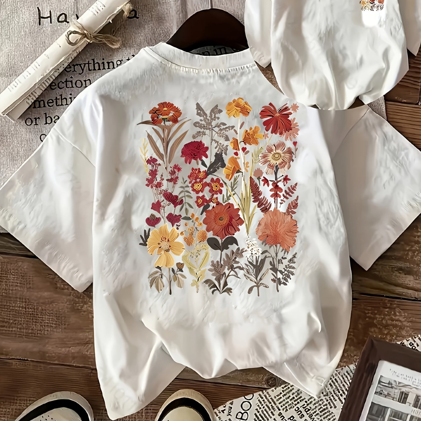 Image of Chic Floral Print T-shirt For Women - Casual Crew Neck, Short Sleeve Top With , Breathable