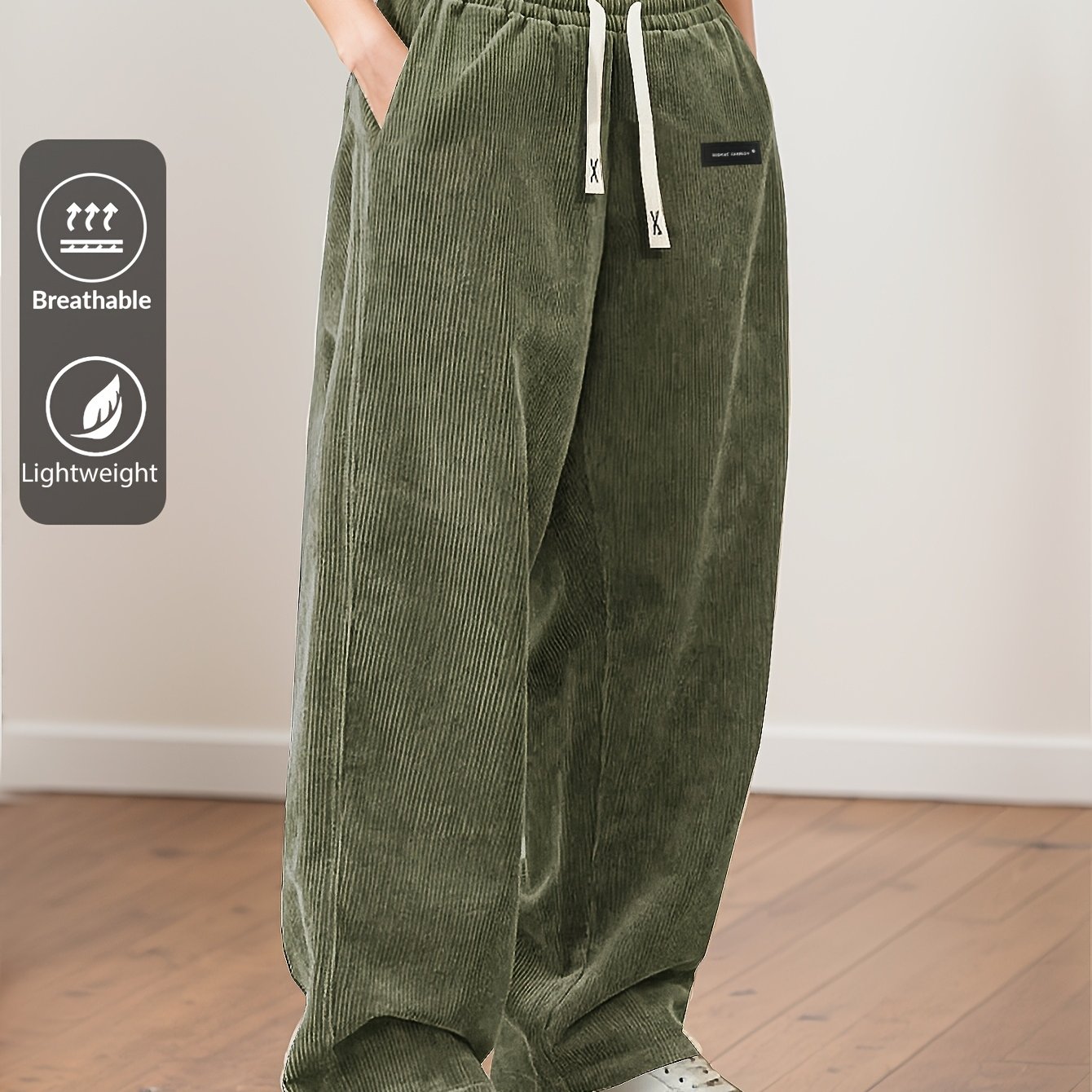 TEMU Women's Corduroy Pants, Thin Casual Elastic Waist Drawstring Vintage Straight Long Trousers, Suitable For Leisure Outdoor Wear