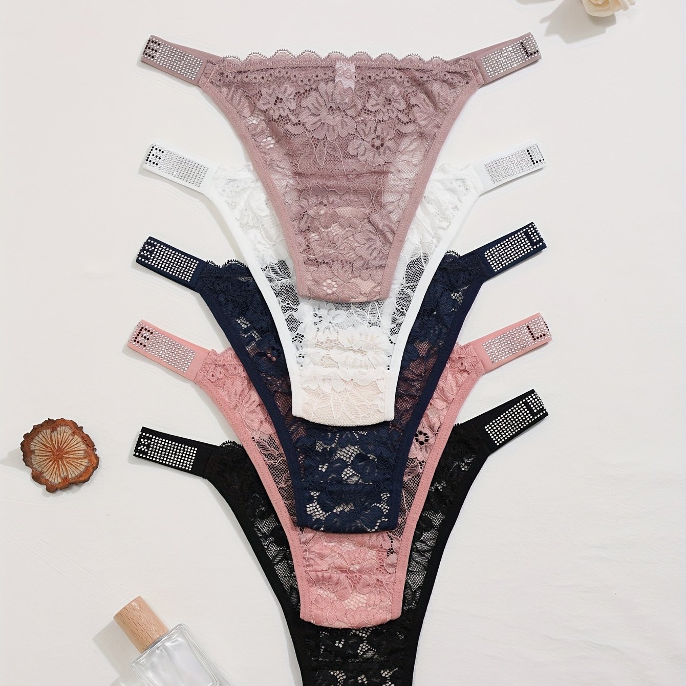 E-shop 5-teilige Spitzen-Dessous-Set in Unifarben, bequeme atmungsaktive Dreieckslingerie, Damenunterwäsche Slips
