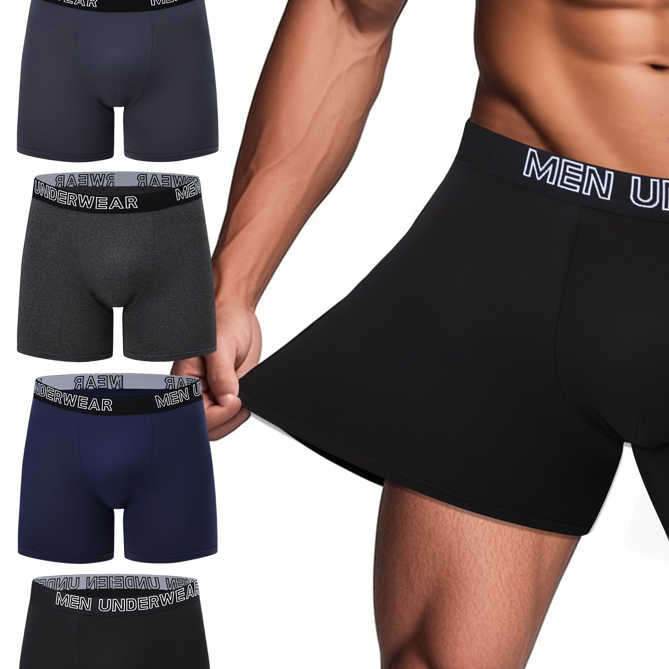 E-shop 4er-Pack Herren-Boxershorts - Atmungsaktive Stretch-, Einfarbige Freizeit & Sportunterwäsche, Weicher Elastikbund, Mehrfarbig für lässiges