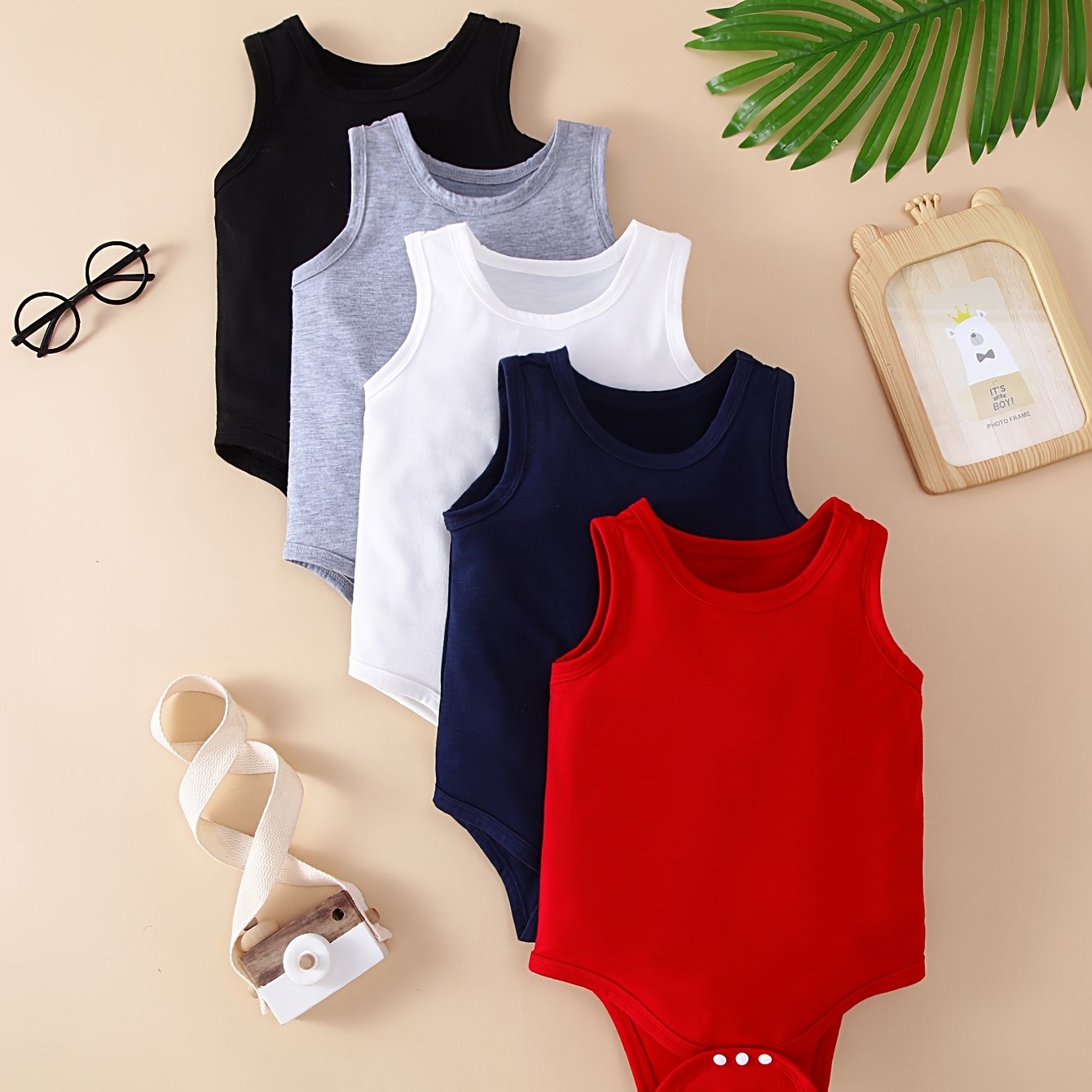 Image of 5pcs Set Of Solid Color Vest For Baby Boys, Comfortable And Soft Triangle Jumpsuit, Suitable For Casual Outdoor Sports, Perfect For Outdoor
