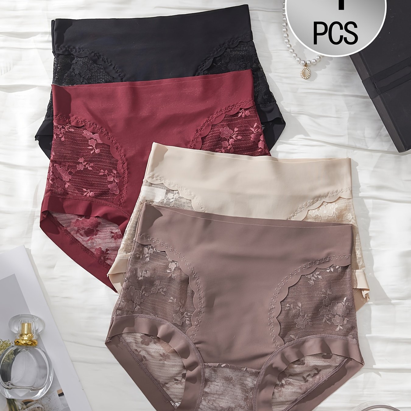 TEMU Set Of 4 Women's High-waisted Lace Panties, Featuring Elasticity, , , Designed To Lift The , New Semi-sheer Style