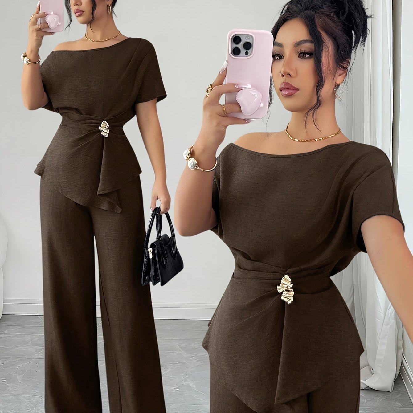 TEMU Zllz Summer Hot New Women's Elegant Urban Summer Asymmetrical Off-shoulder Metal Waist-cinching Top, Matching Solid Straight Wide-leg Long Pants
