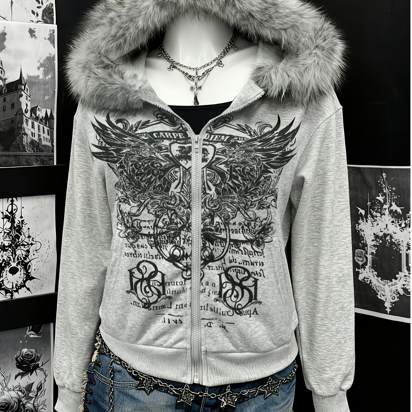 TEMU Gothic Street Style Zip-up Hoodie For Women, Autumn/winter Vintage Letter Wing Print Women's Furry Collar Zip Sweatshirt Harajuku Jacket