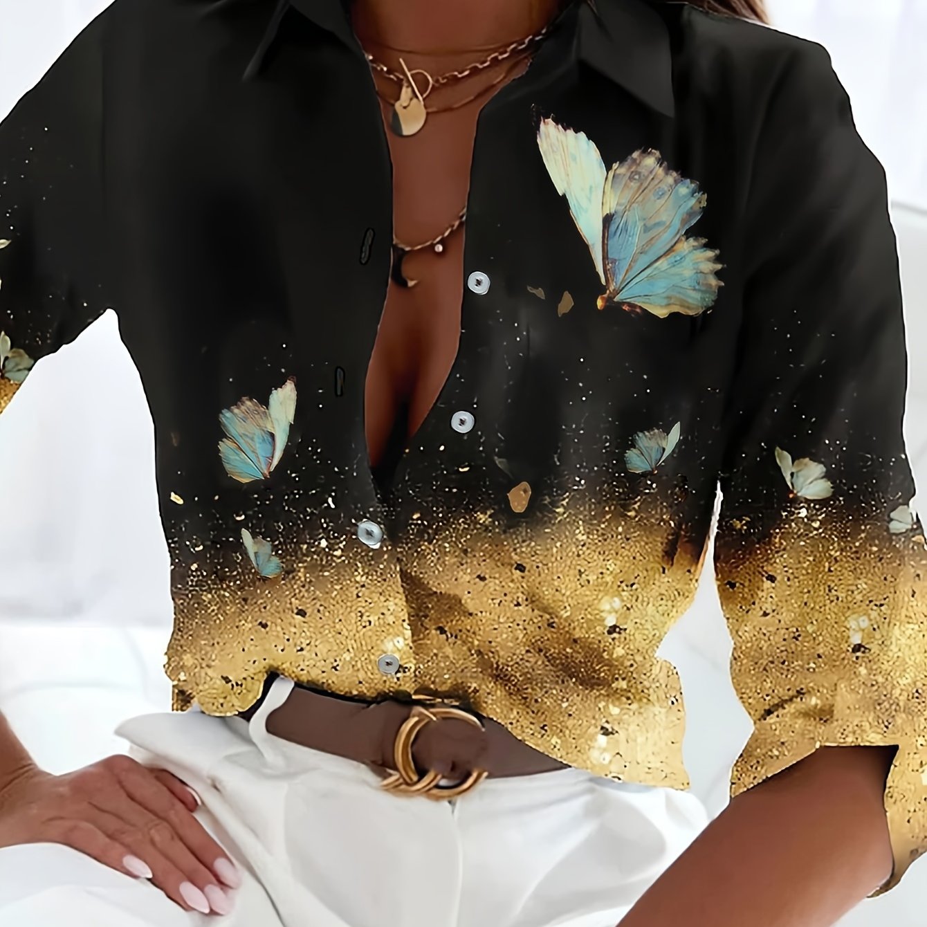 butterfly print color block shirt vintage long sleeve blouse for spring fall womens clothing