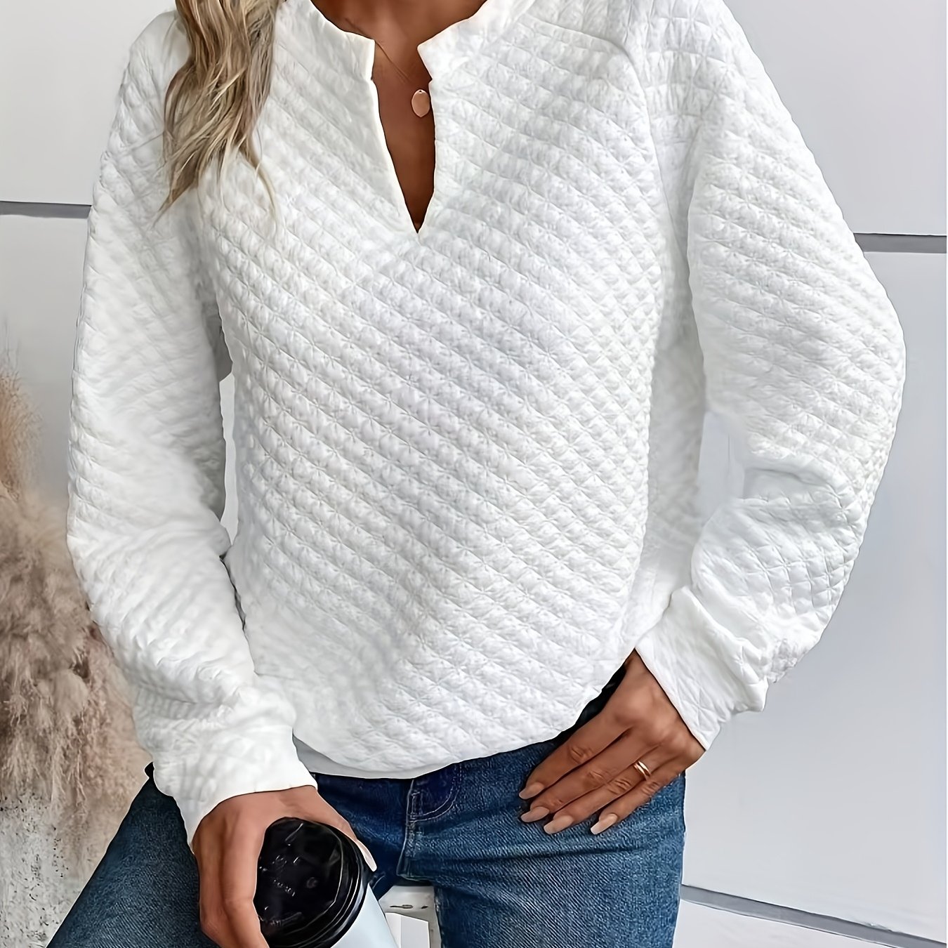 E-shop Herbst- und Winter Neues Damen Einfarbiges Tiefes V-Ausschnitt Spleiß Jacquard Langarm Lässiges Sweatshirt