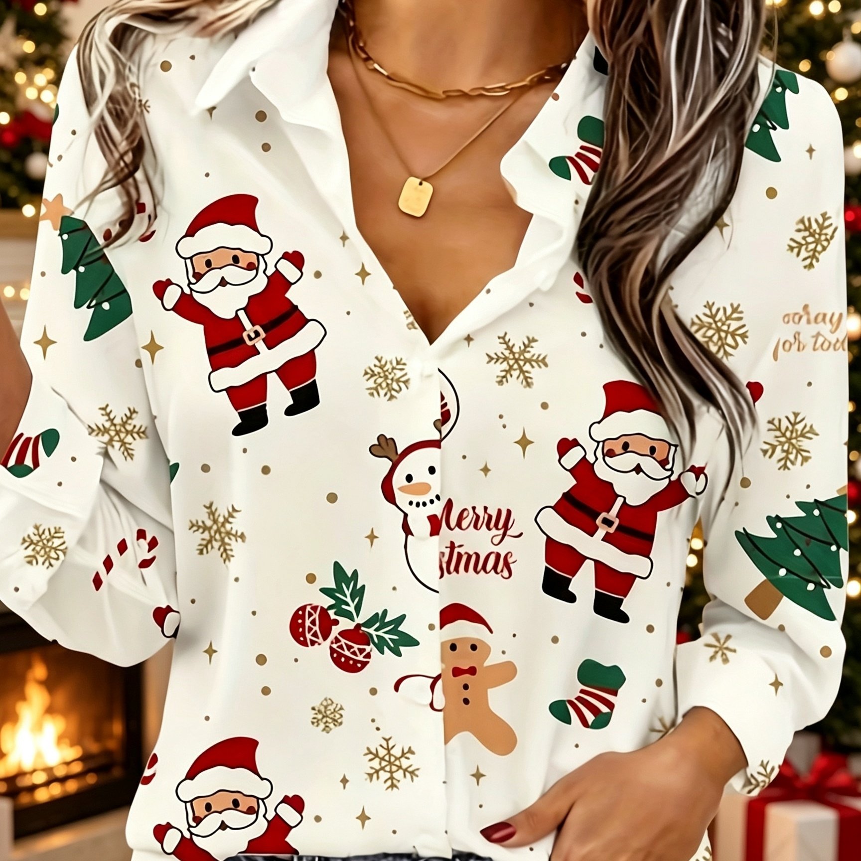 Image of A Easy Shirt Featuring Christmas Trees And Santa Claus, A Casual Long-sleeve Button-up For Women, Suitable For Spring And Autumn