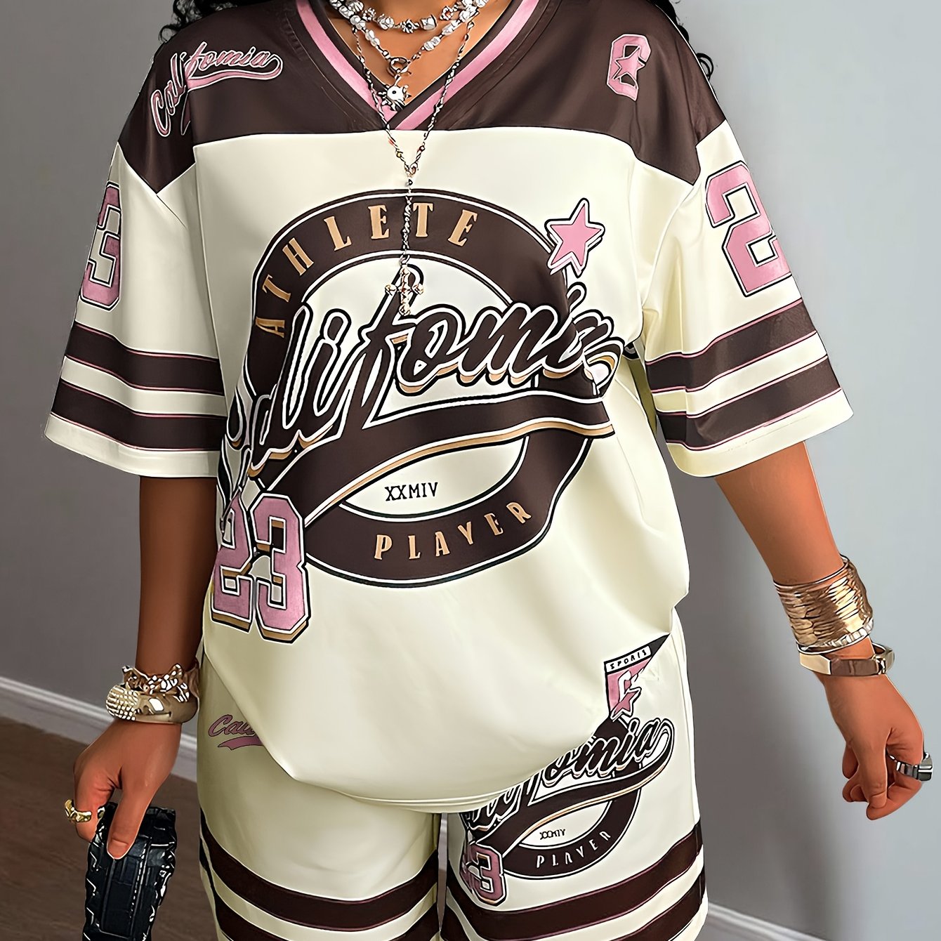 TEMU California-style Short-sleeve Top And Shorts 2pcs Set For Girls, Beige And Coffee Color Design, Size 23 With Printed Pattern, Y2k Vintage Trend