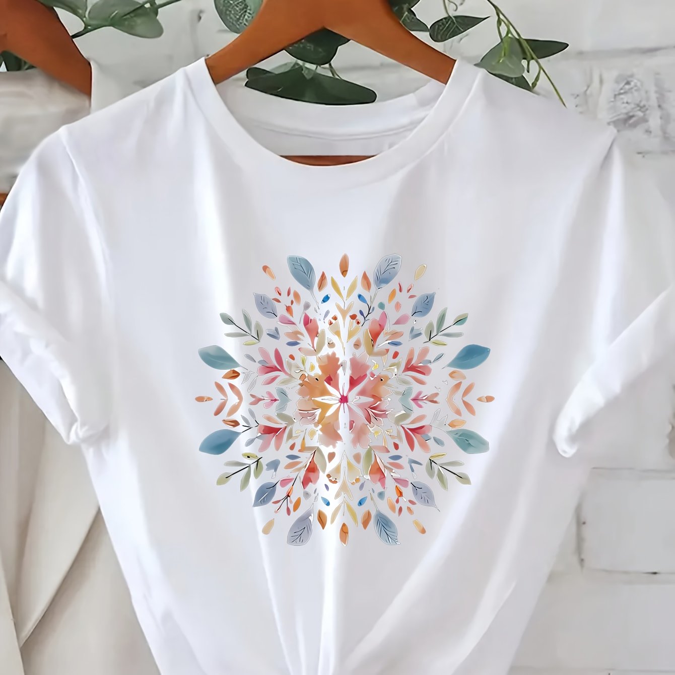 Mandala Floral Print Short Sleeve T-shirt, Casual Round Neck Top, Stretch, Comfortable And Breathable For Spring Summer, Best Gift For Women, Women's Clothing
