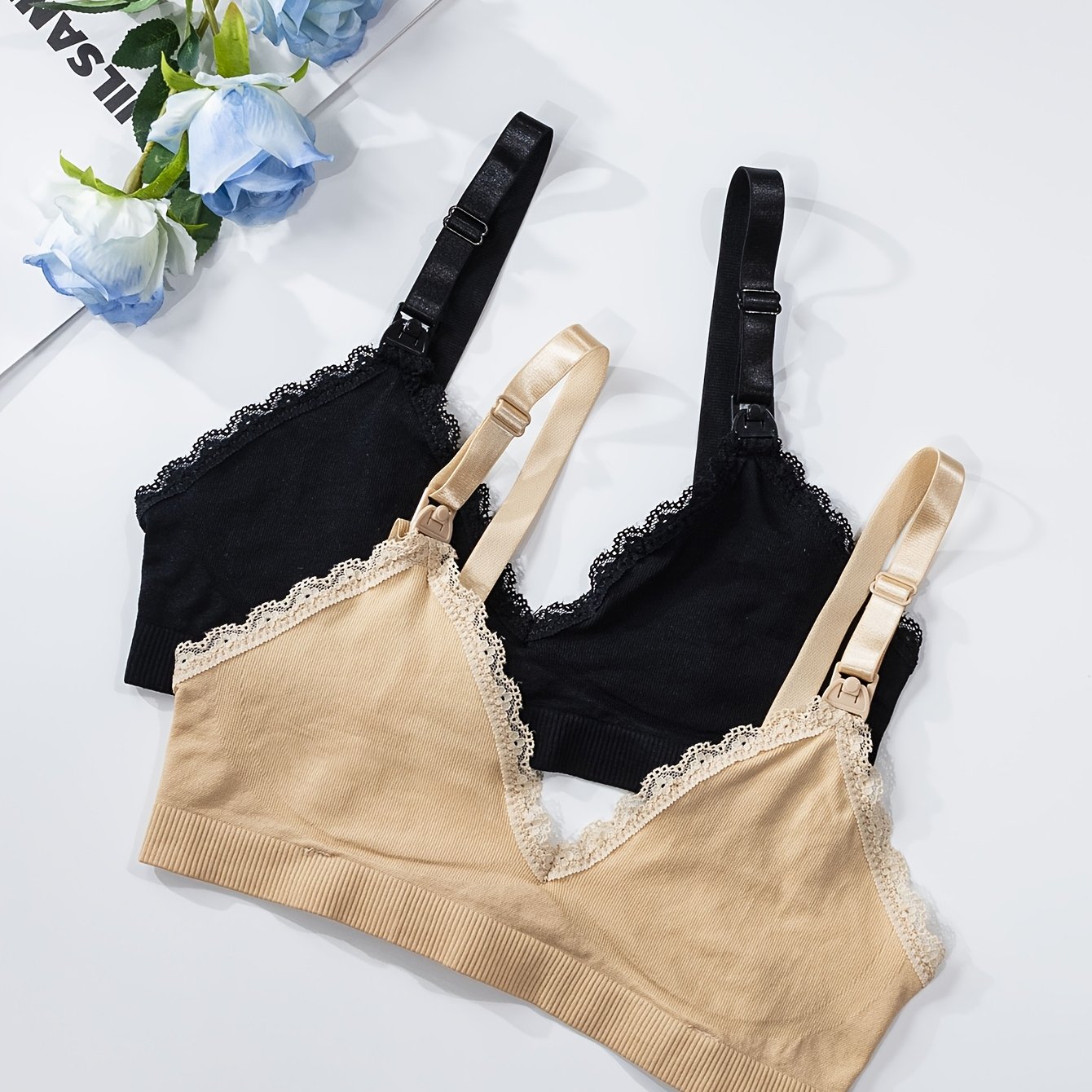 TEMU 2pcs Maternity Contrast Lace Bra With Front Closure For Easy Nursing, Maternity Wear, Stylish Maternity, Highquality Stitching, Stretchy Fabric,