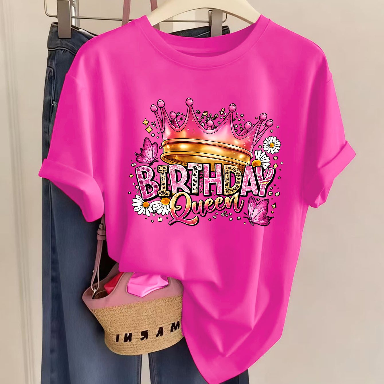 TEMU 1pc Women's Fashion Artistic Print Round Neck Short Sleeve T-shirt Birthdayqueen.crown. Relaxed And Comfortable. Suitable For Daily Wear. Trendy