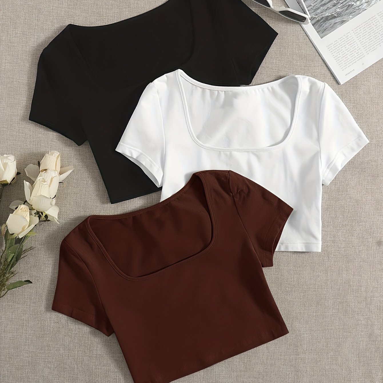 Image of Y2k 3pcs Basic Fitted Short Top Set, Short Sleeve Square Neck Solid Color T-shirts, Casual Wear, Sexy Hot Athletic Casual Women's Clothing