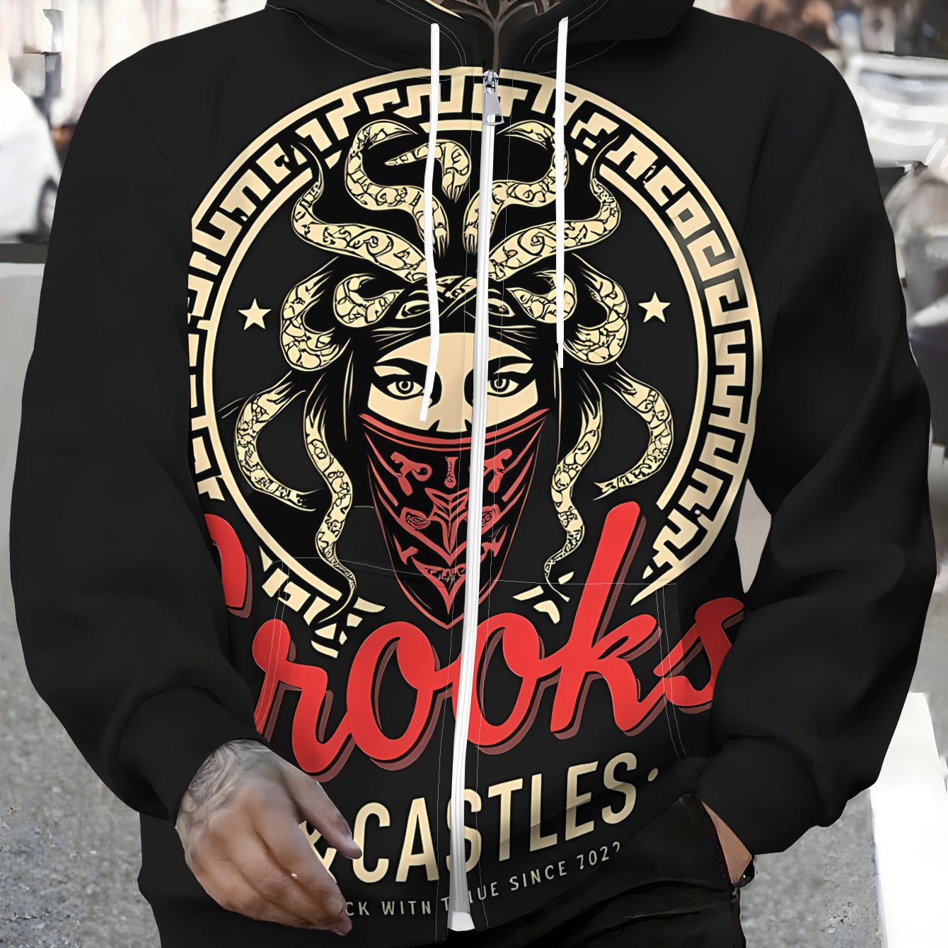 TEMU Men's Zip-up Hoodie - Men's Zip-up Casual Pullover Hooded Sweatshirt - Design, Medusa Brand Logo, Autumn/winter Wear, Machine Washable, Suitable