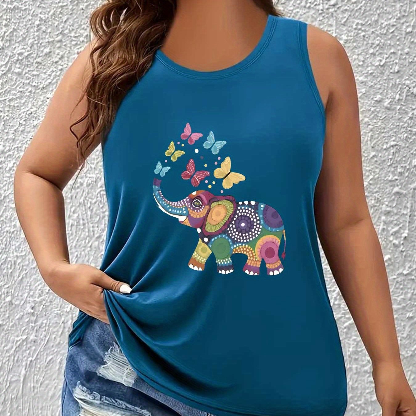 TEMU Camiseta sin de talla grande para mujer con estampado de - Cuello casual, tejido elástico, para y verano, camisetas sin de talla grande.