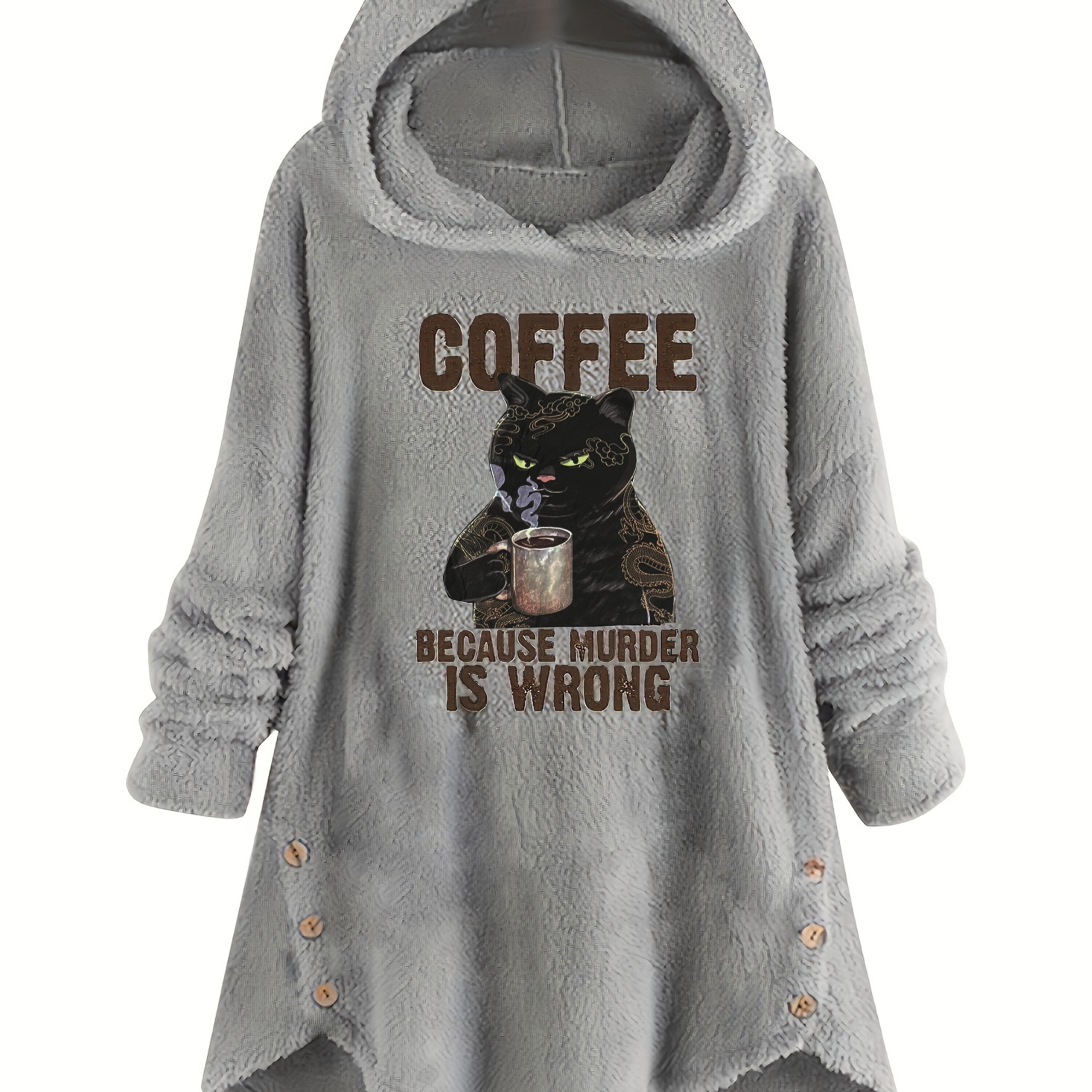 Image of Cat & Slogan Print Teddy Hoodie, Casual Long Sleeve Button Decor Hoodie Sweatshirt, Women's Clothing
