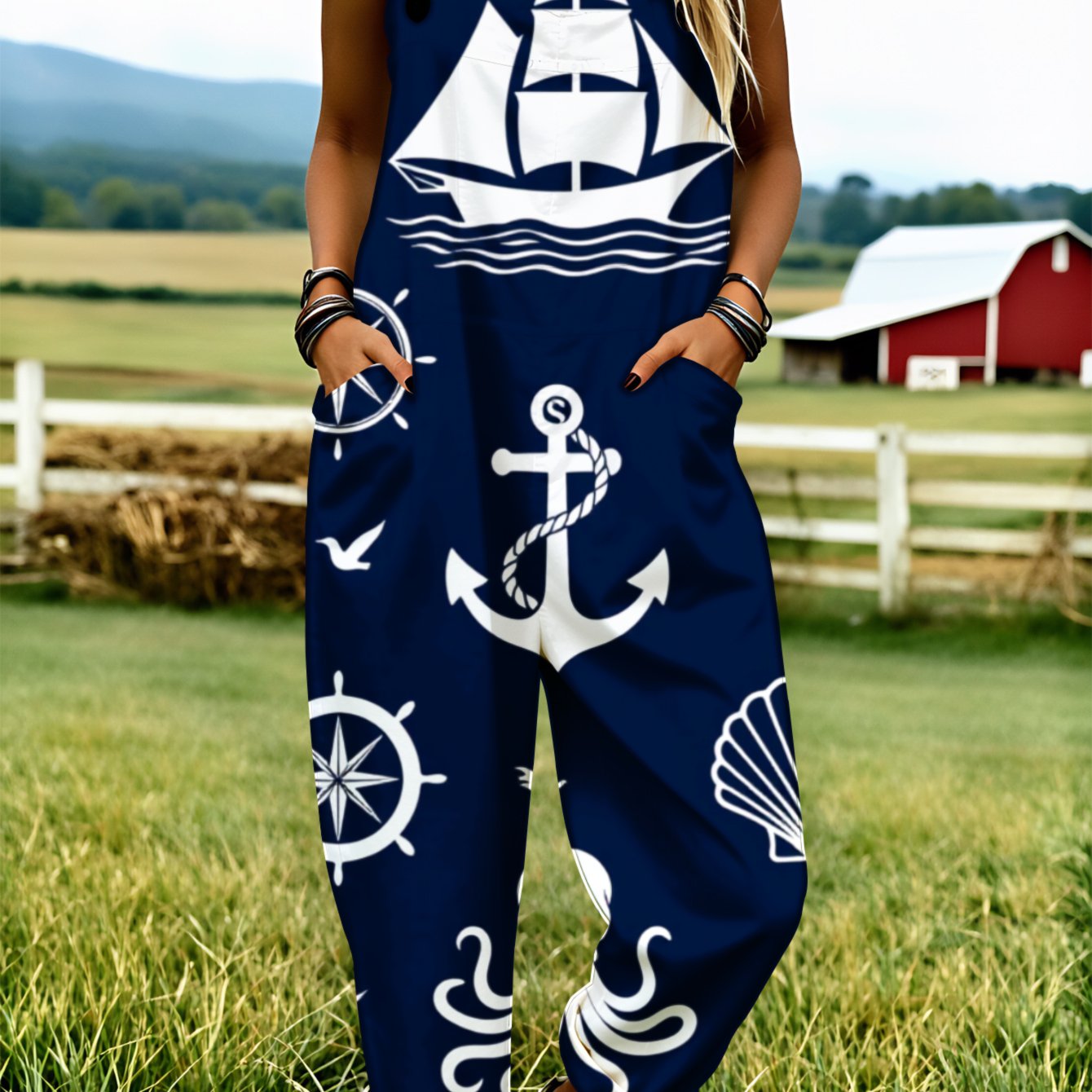 Image of Plus Size Women's Overalls 0xl-5xl Ship Anchor Compass Shell Octopus Comfortable And Breathable Machine Washable Personalized Wear Wide-leg Pants