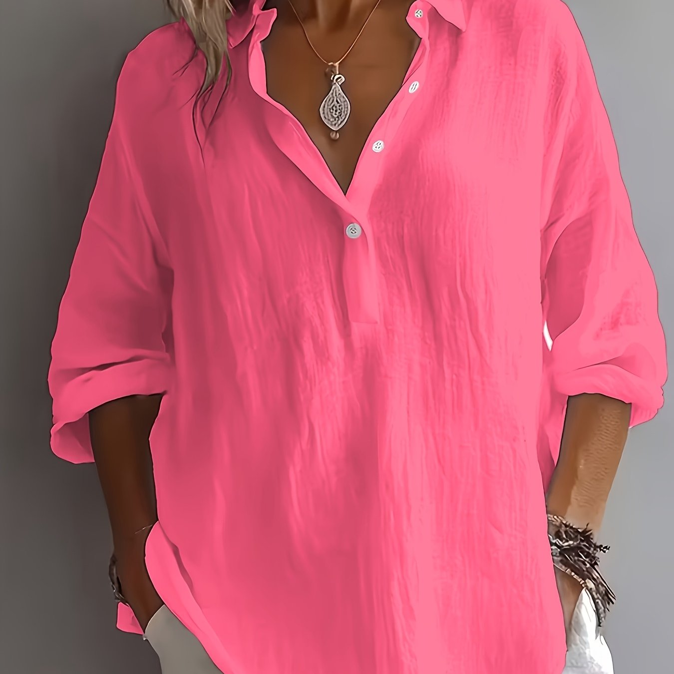 TEMU Women's Lapel Half-button Blouse, Casual Roll-up Long Sleeve Pullover Shirts, Loose Fit Soft Breathable Tunic Tops, Everyday Basic Solid Color
