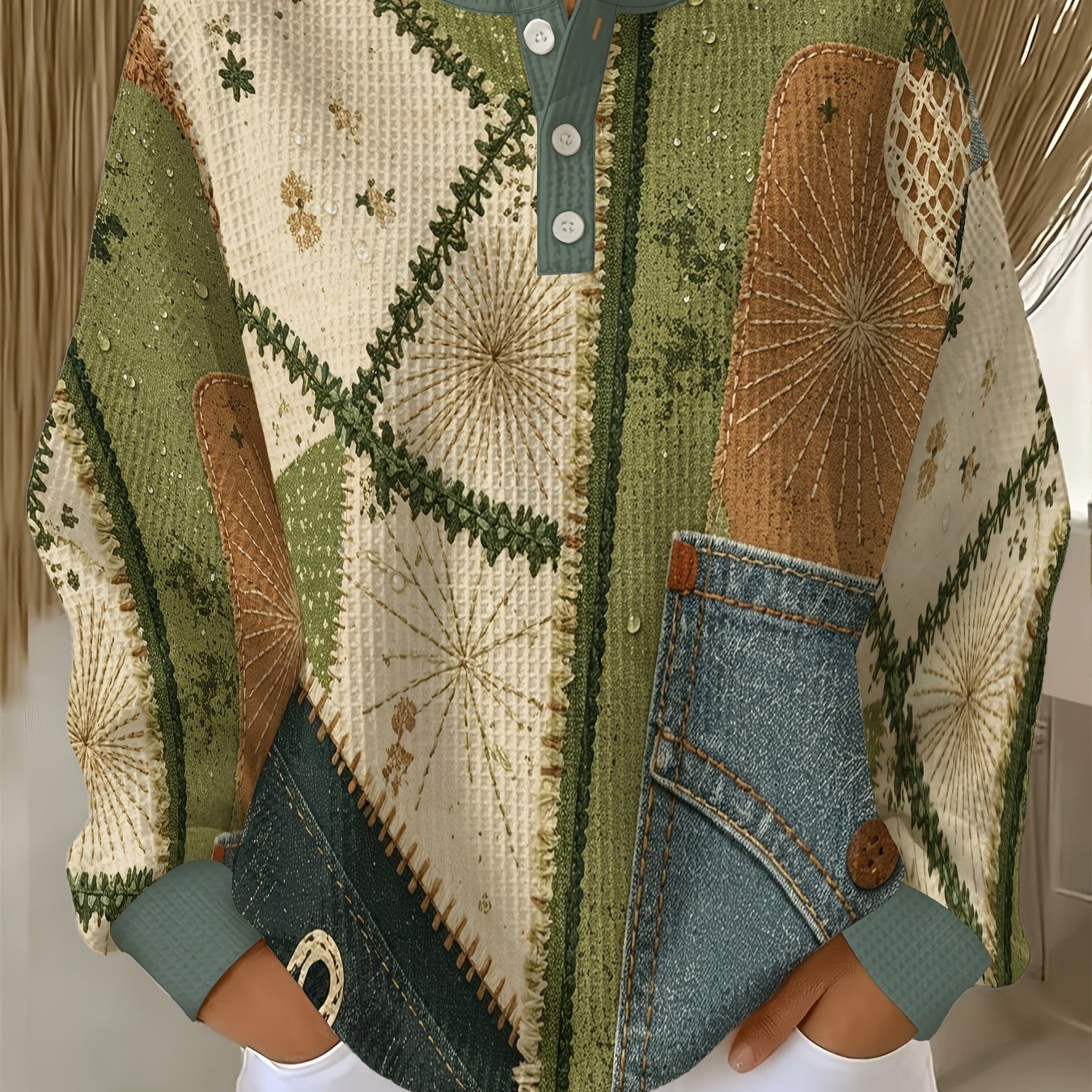 TEMU Women's Waffle Henley Button-up Top, Retro Green Fabric Printed Long Sleeve T-shirt