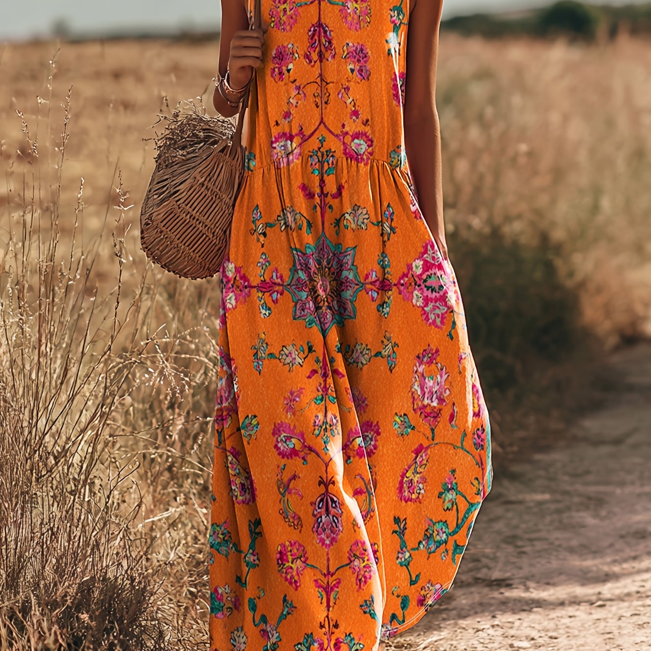 TEMU 2026 Bohemian Floral Print Sleeveless Round Neck Maxi Dress, Loose Waist-cinching A-line Vacation Long Dress, Beachwear Casual Daily, / Printed