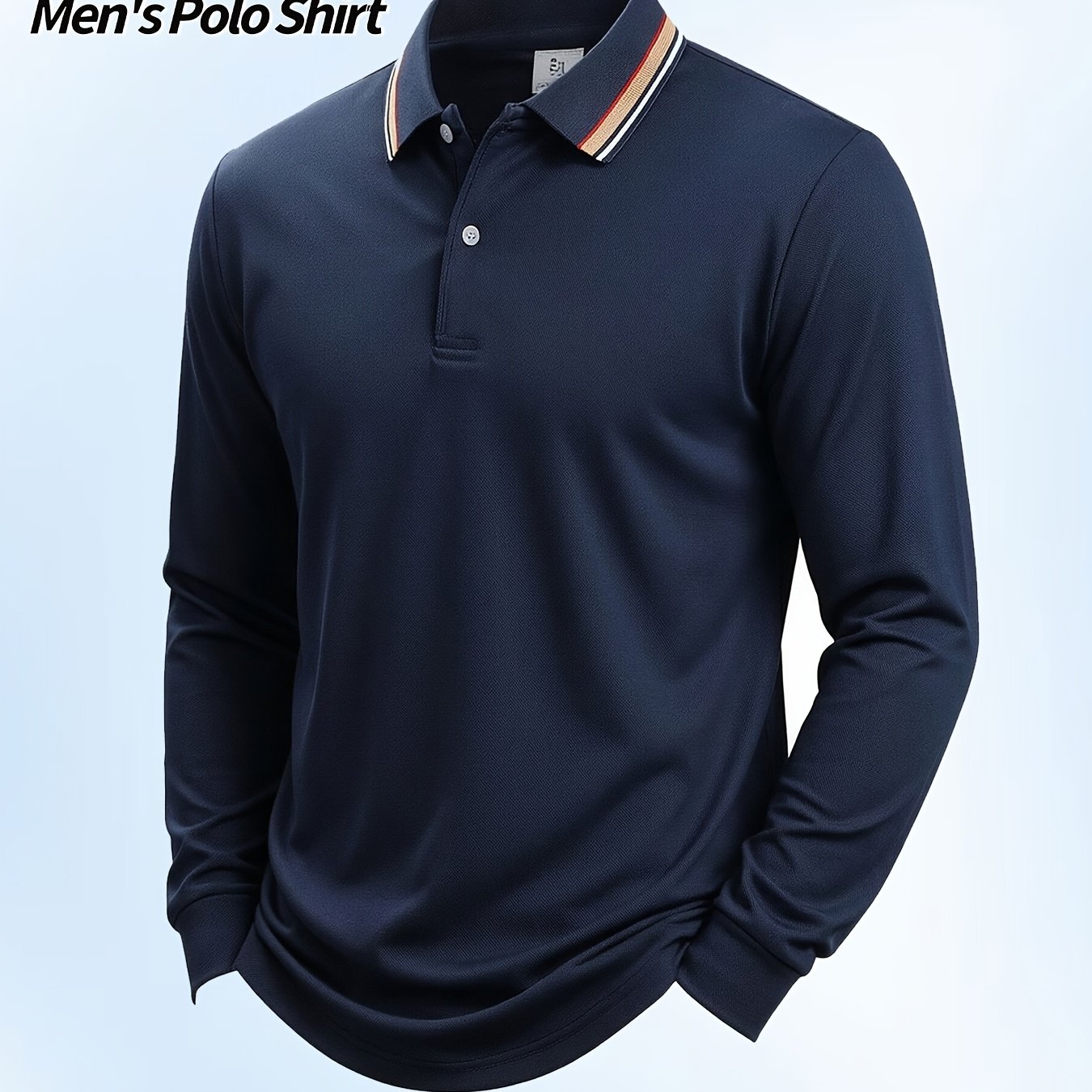 TEMU Polo à manches longues pour homme avec col à rayures contrastées, coupe slim, respirant et , pull à col boutonné , t-shirt décontracté et