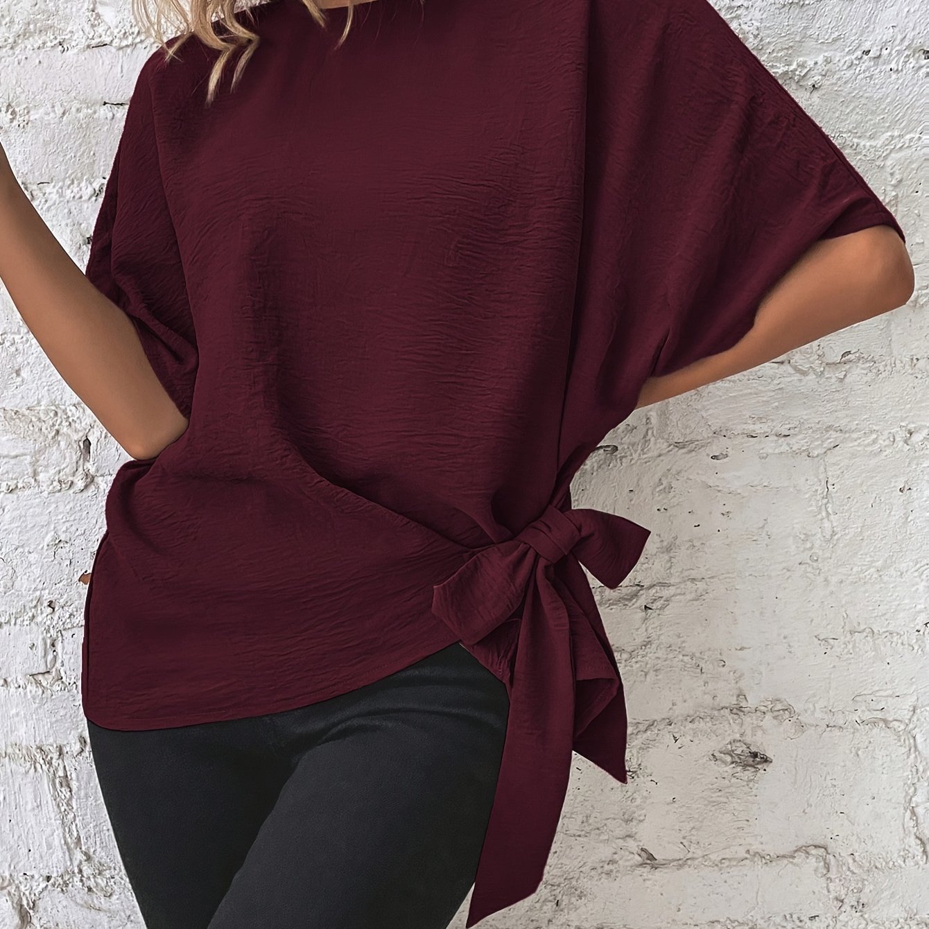 TEMU Women's Burgundy Batwing Sleeve Casual Shirt With Side Knot Detail - Round Neck Solid Color Blouse, Machine Washable Regular Fit For Spring
