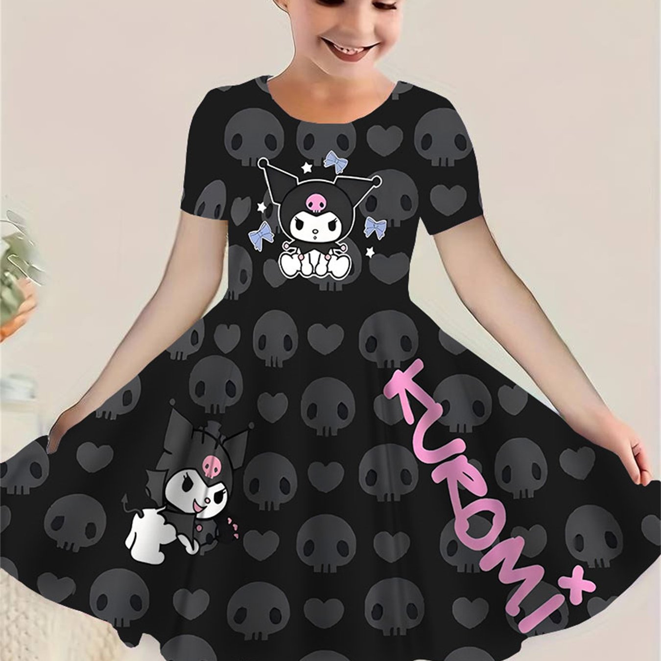 Image of Hello Kitty Summer Kawaii Girl Trendy Short Sleeve Dress Outdoor Casual Kuromi 3d Short Skirt