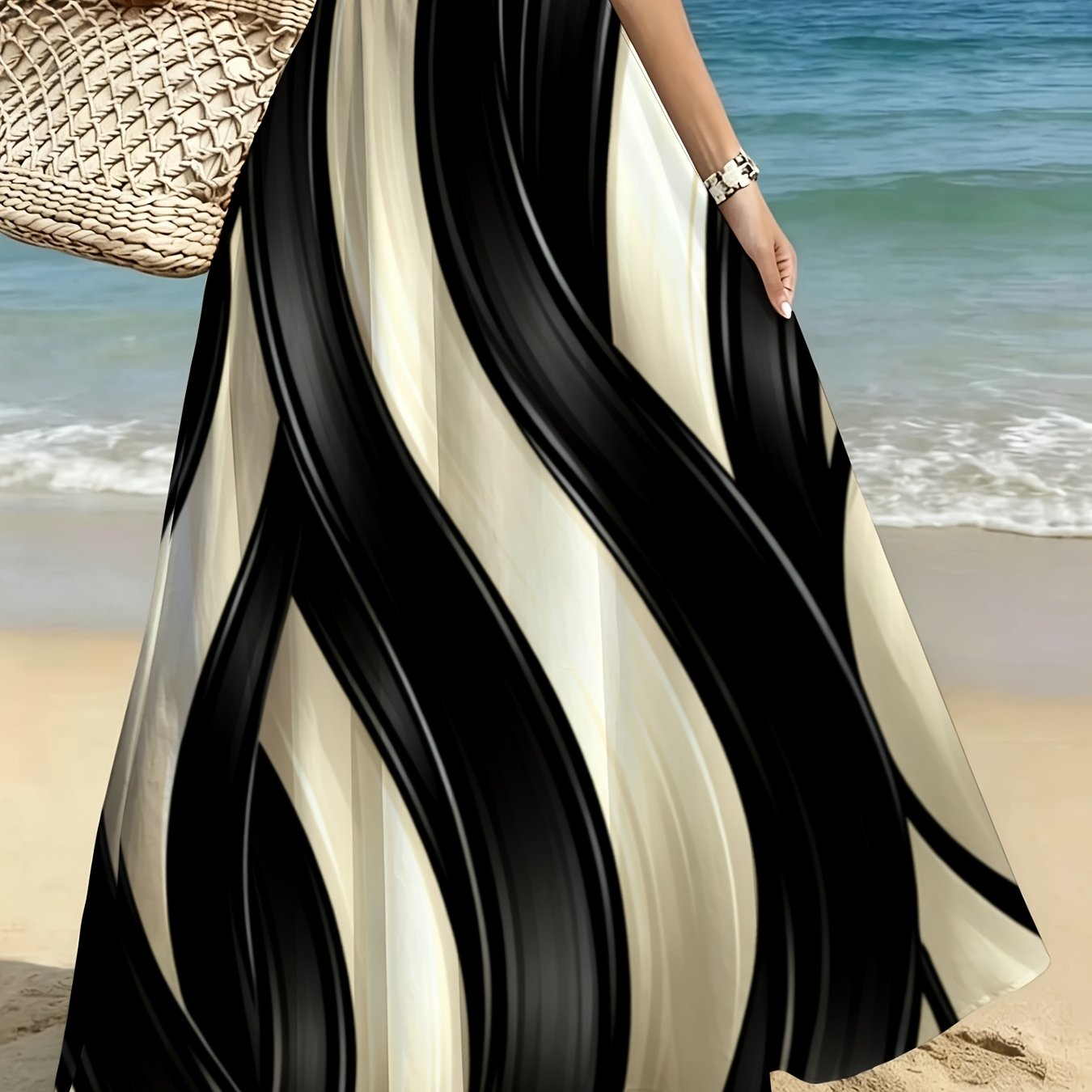 TEMU Lianyaoshi [printed Design Not Textured] Women's Long Flowing Skirt With Black And Cream Stripes, Perfect For Beach Vacations, Casual , And