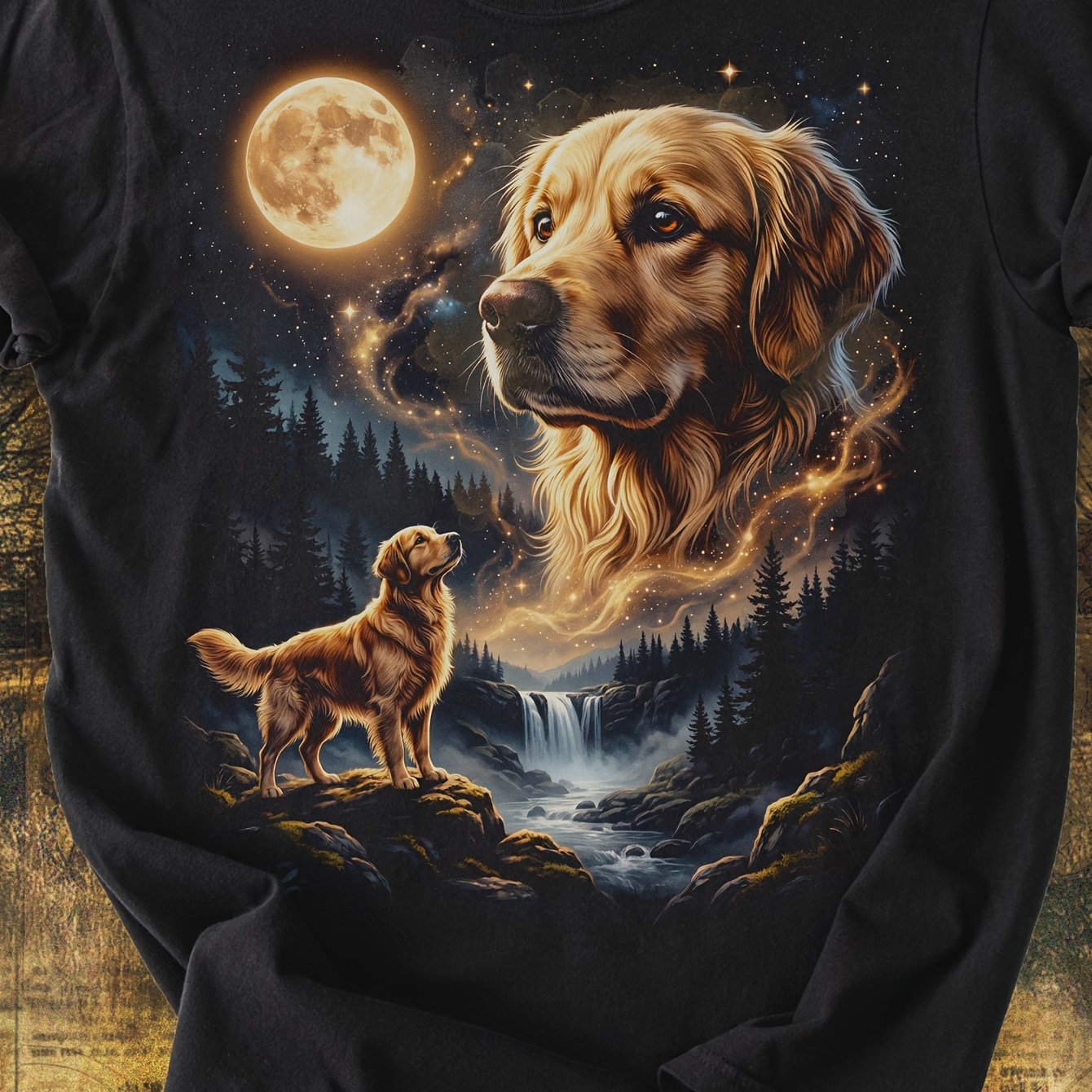 Image of Golden Retriever At Moon Vintage Dog Lover Retro Gift For Mom Dad Short Sleeve T-shirt Crew Neck, Summer Clothes New