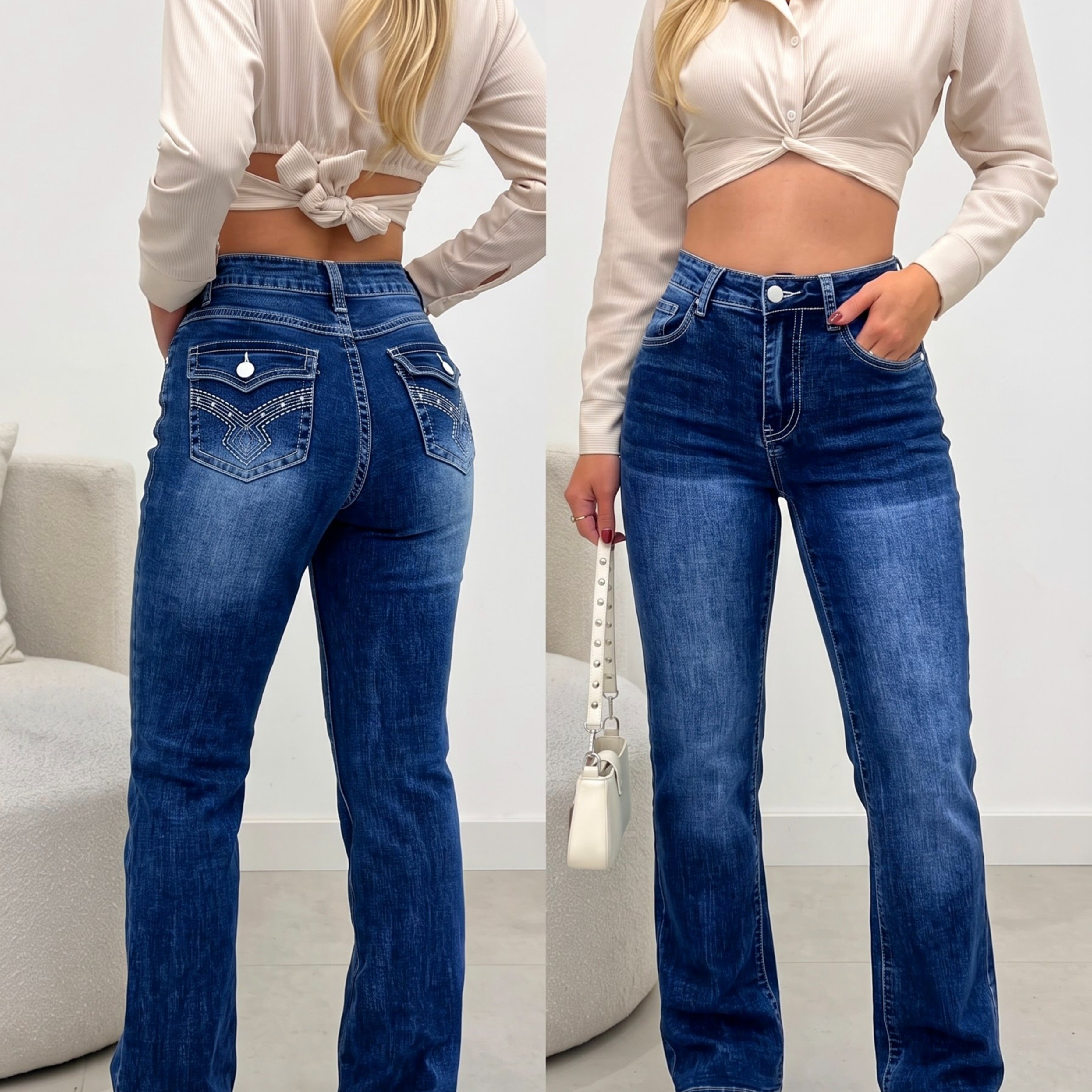Xl8008# Embroidered Pocket Washed Bootcut Jeans, Diagonal Pocket Stretch Ponte Jeans, Women's Jeans And Clothing
