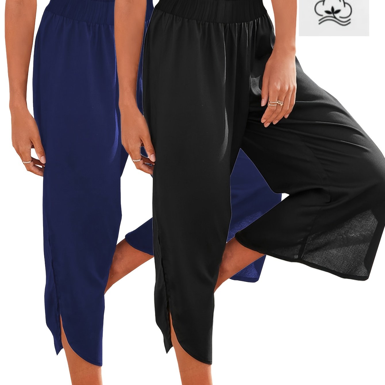 Image of 2pcs Pants Set, Women's Summer Casual High-waist Pleated Thigh Pants With Side Slits, Solid Color Viscose Fabric, Adult Fashion Trousers