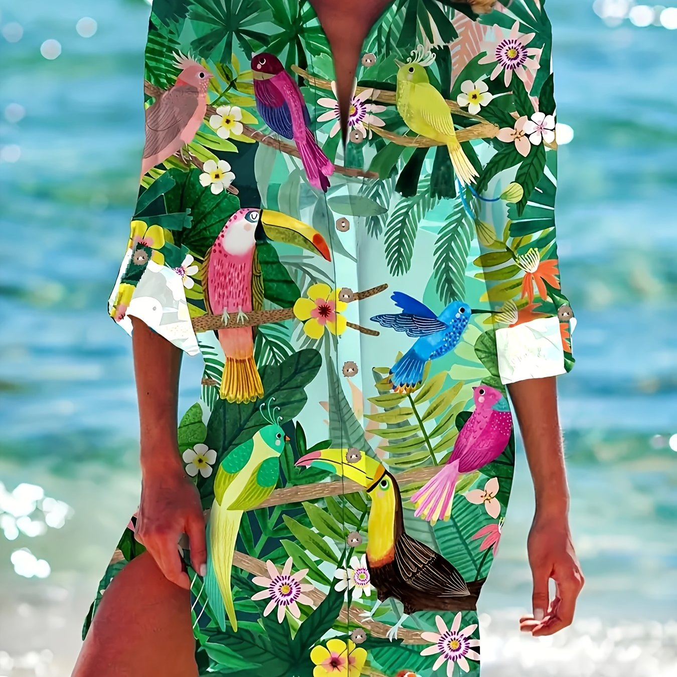 Image of Women's Tropical Print Button-up Shirt Dress - Vibrant Long Sleeve Collared Dress For Beach Vacation, Lightweight And Breathable Fabric, Perfect For Spring/summer Casual Wear