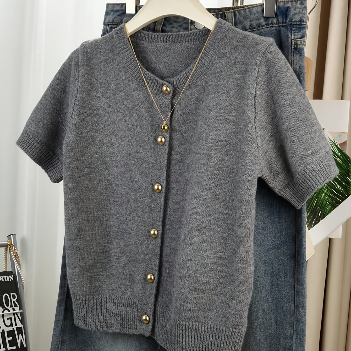 TEMU Women's Round Neck Golden Button Cardigan, Short Sleeve Ribbed Cuffs, Easy Straight Button-up Casual Jacket [cardigan ]