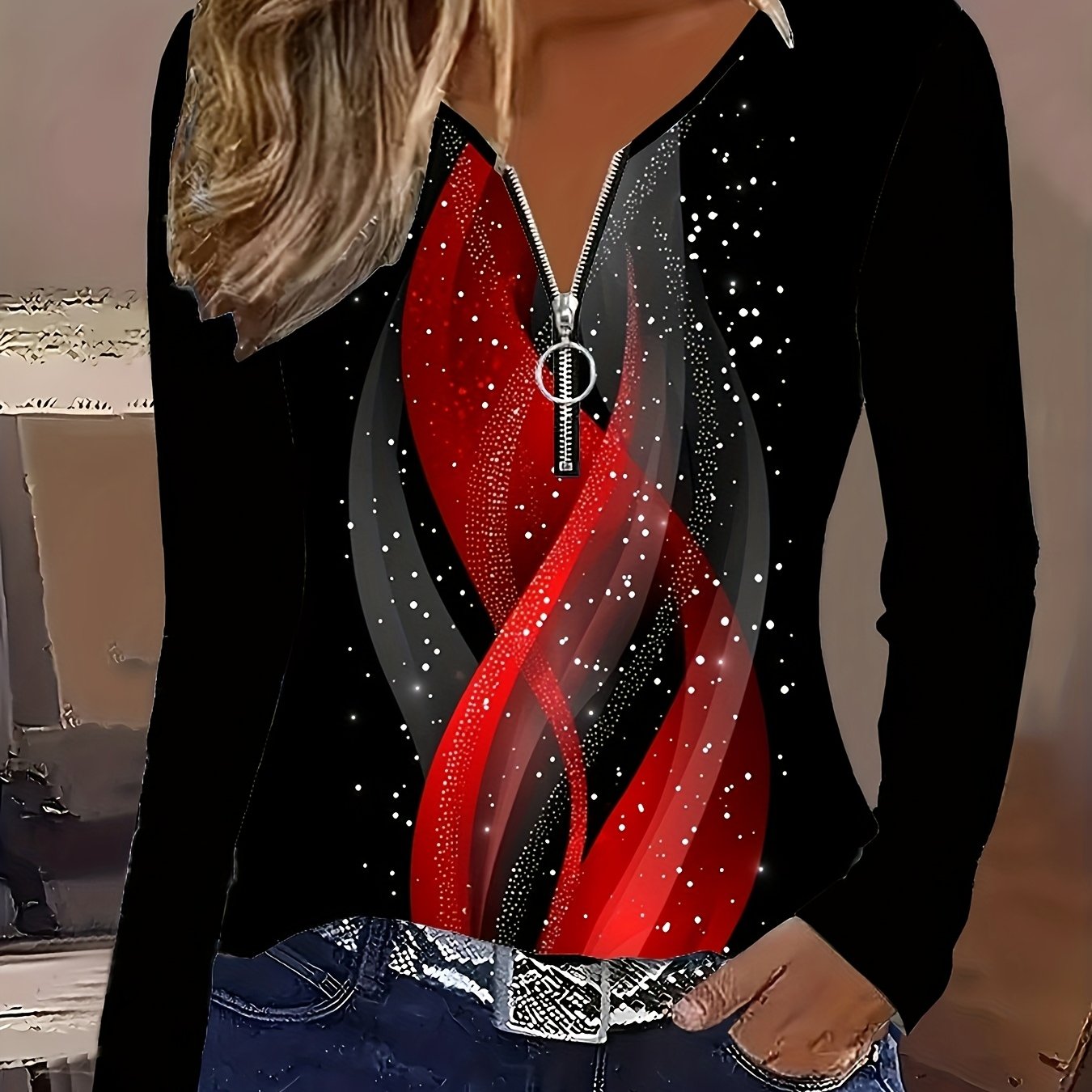 Image of New Women's Fashion Printed T-shirt Zipper Top Spring/autumn Outfit