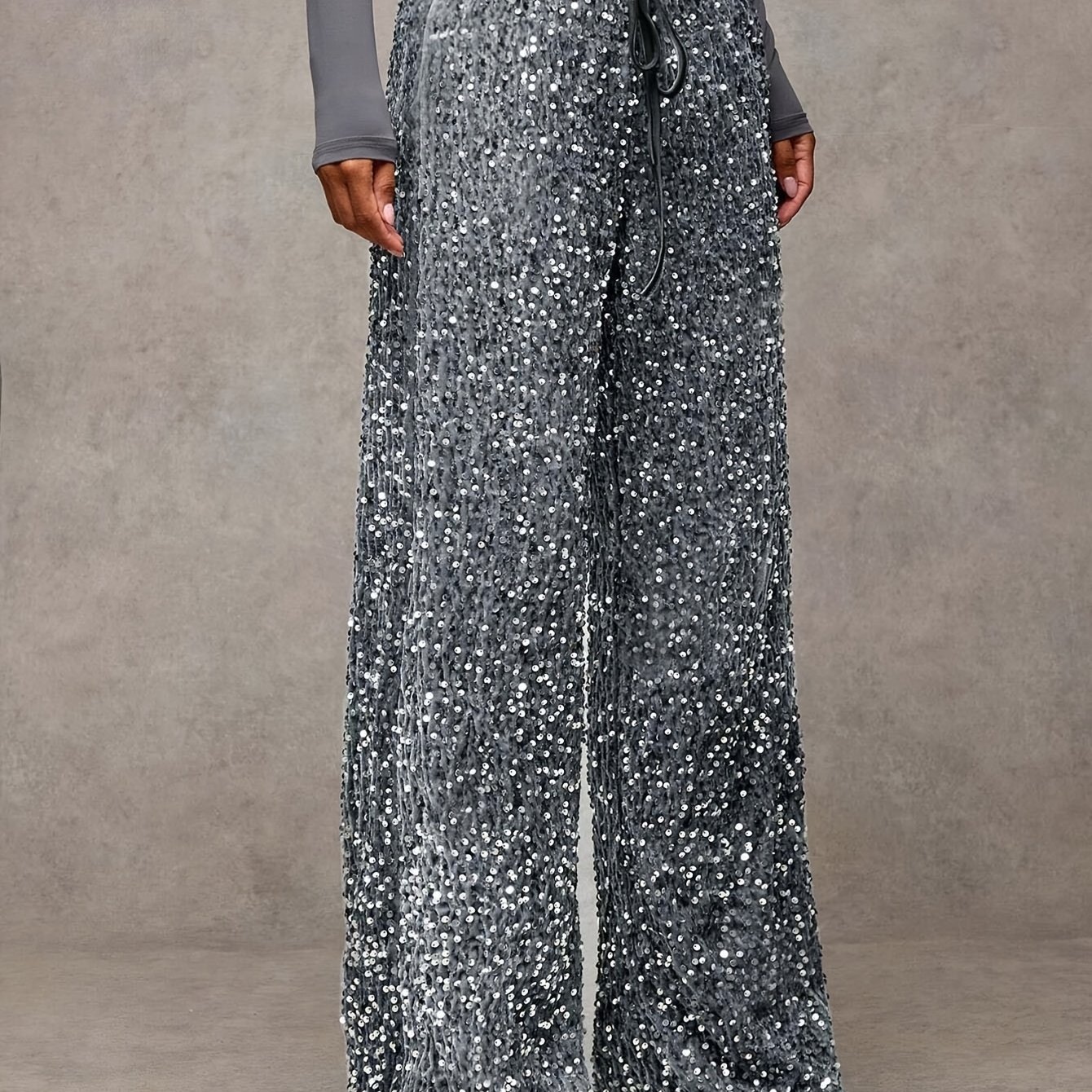 E-shop Damenhose mit elastischem Bund Kordelzug, Paillettenbesatz, eleganter gerichteter Stil WY0831114