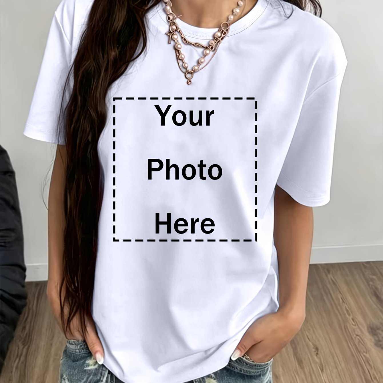 TEMU Private Custom Photo And Text Print Short Sleeve Women's T Shirt, New Arrival Spring And Summer 2026, Crew Neck Casual Versatile Top For Women