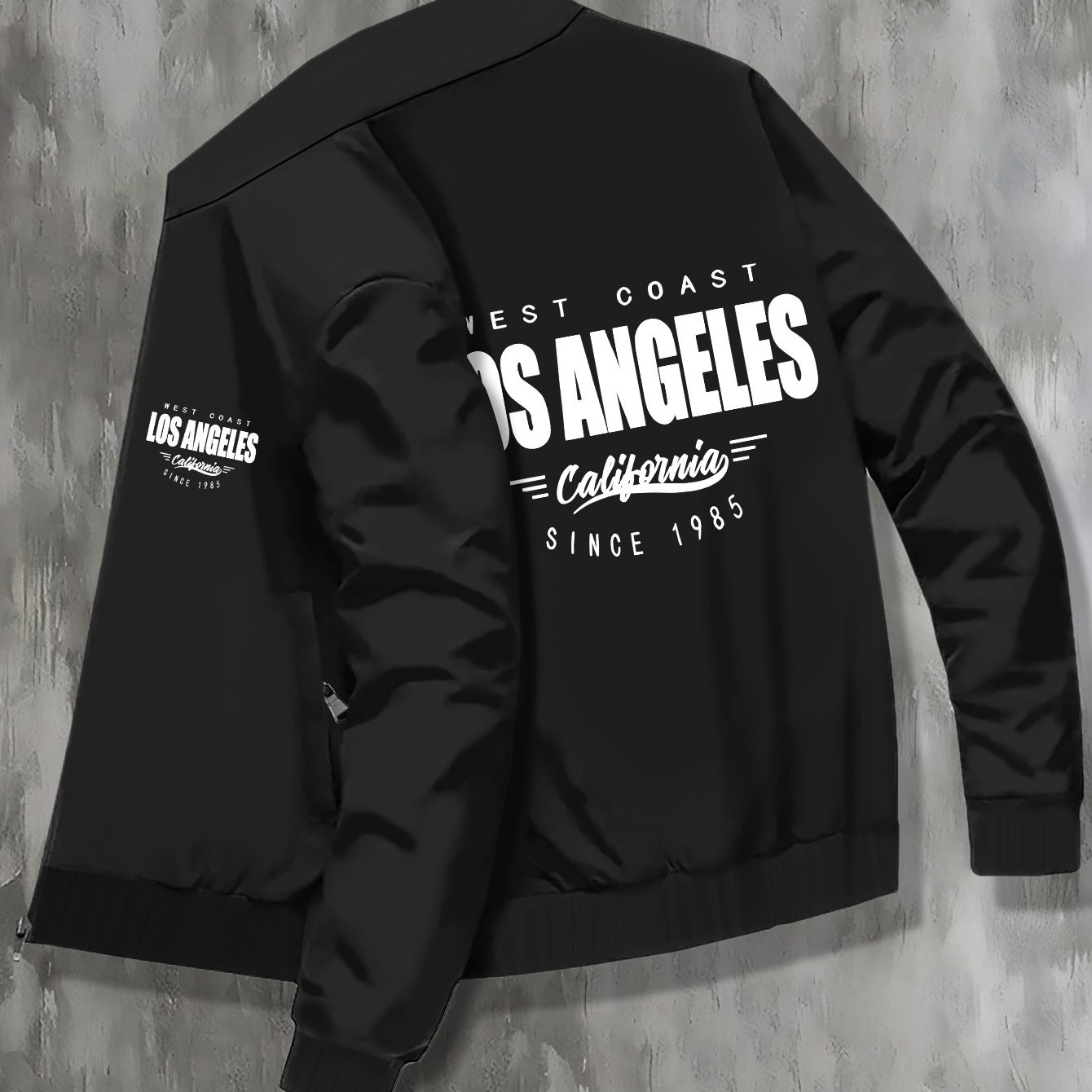 TEMU Los Angeles Print Plus Size Men' Jacket With Stand Collar, Comfy Fashionable Outerwear With Zipper