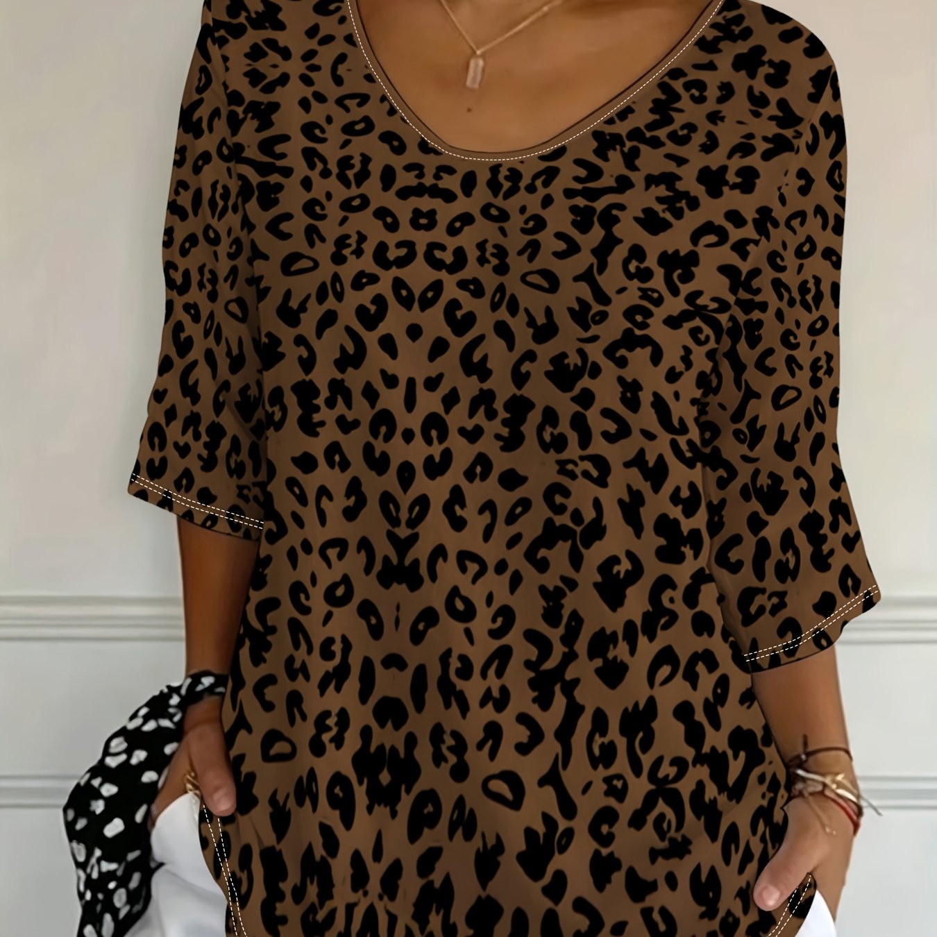 TEMU Plus Size - [printed Design-not Textured] Plus Size Women's Leopard Print Top, Mixed Colors, Multiple Sizes , Classic Animal Print Texture,