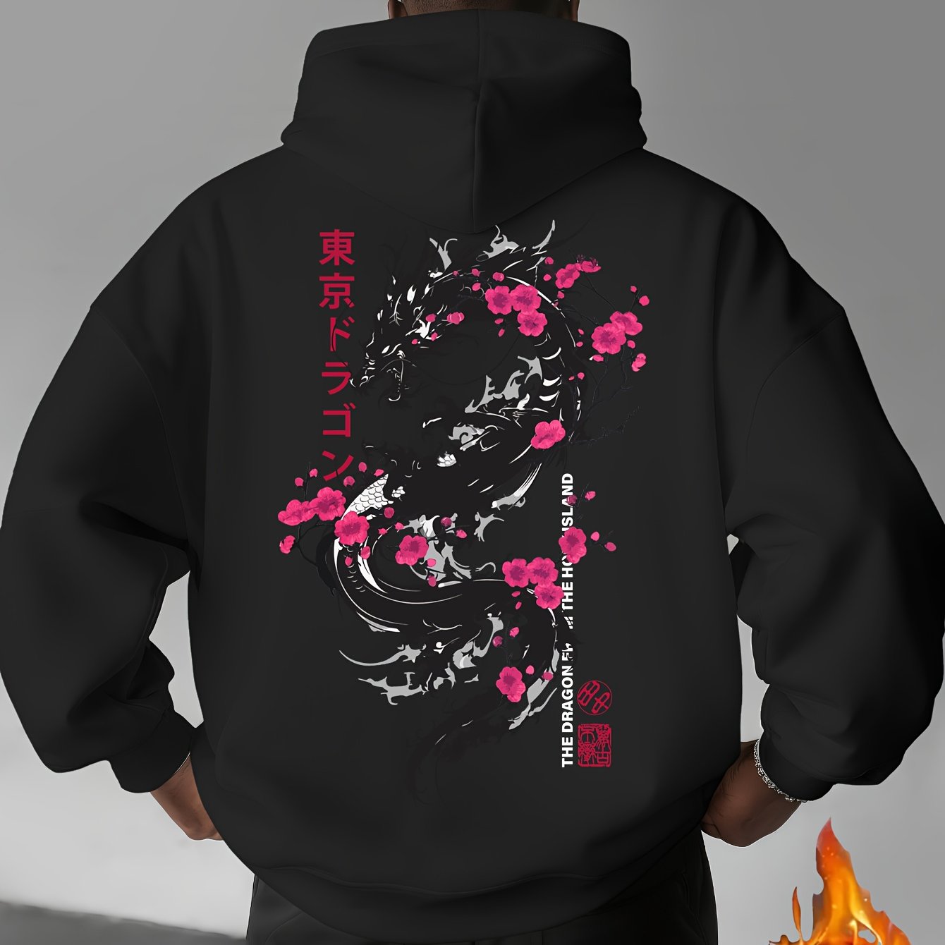 Image of Men's Casual Sports Streetwear Hoodie Featuring A Design Of A Dragon And Cherry Blossoms In Ink Wash Style