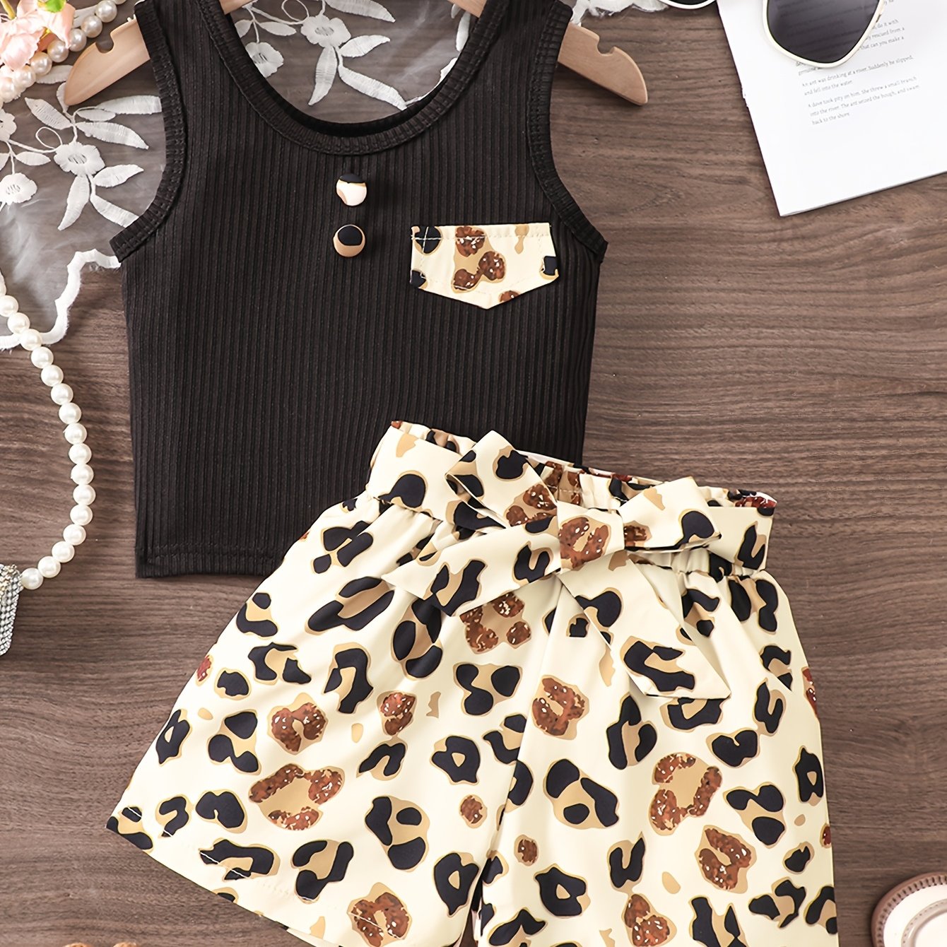 Image of Girls' Summer Leopard Print Vest And Shorts Set, Sleeveless Top For Children And Kids And Flower Bud Shorts, Casual Two-piece Outfit, Baby Outing All-match , For Outdoor