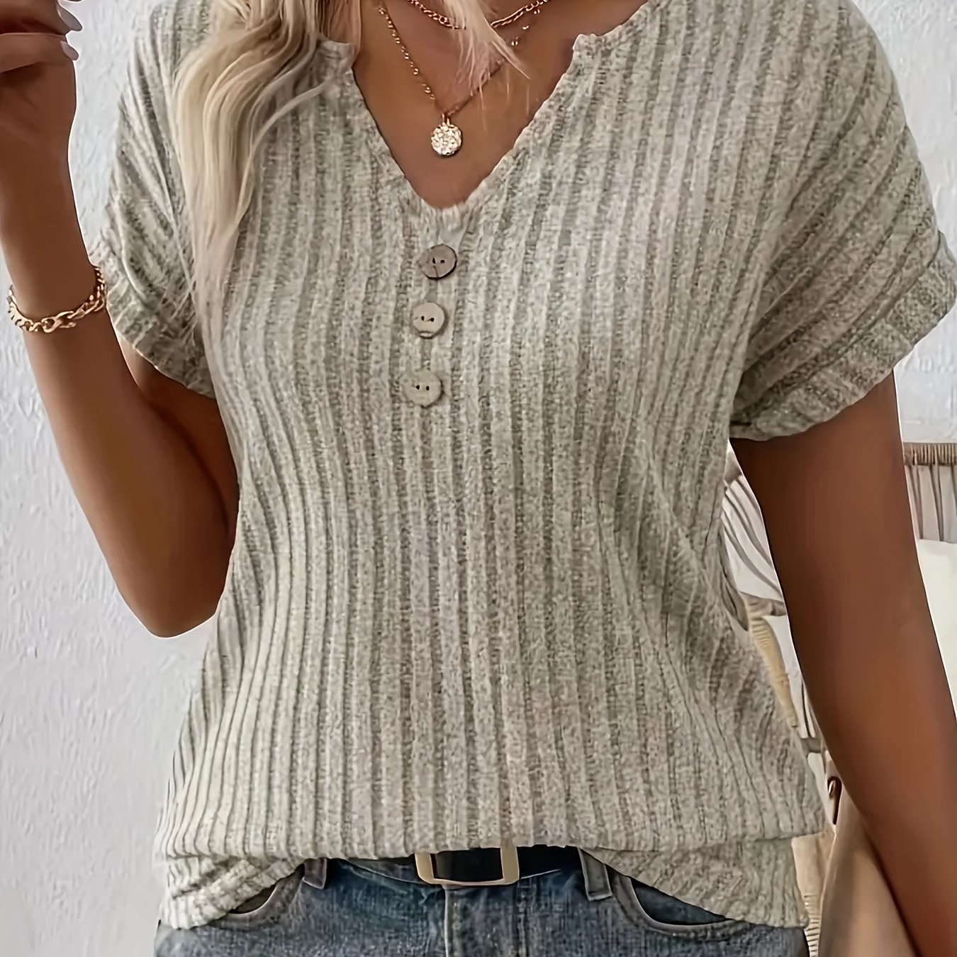 Women's Casual Short Sleeve T-shirt - Spring Summer Ribbed Top With Keyhole Neckline, Relaxed Fit, Machine Washable, Solid Color, Ladies T Shirts, Quality Fabric Shirt