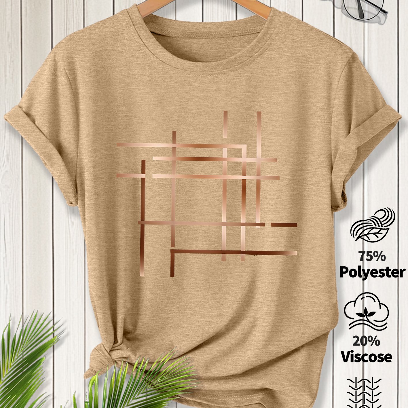 TEMU Plus Size Women's Summer Clothing, Geometric Round Neck Short Sleeve T-shirt, Light Luxury Minimalist Style, Versatile For , Daily Wear,