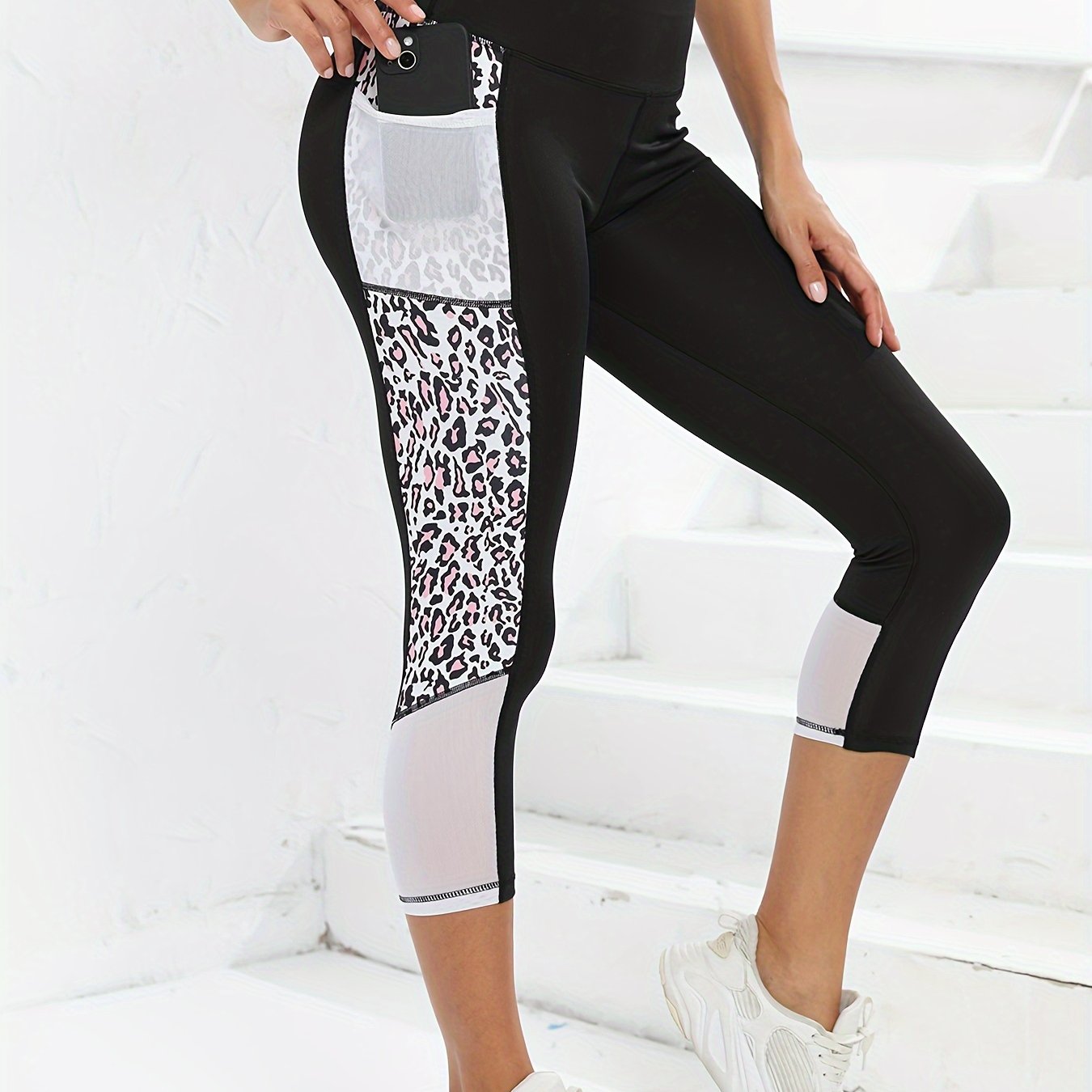 Leopard Print Butt Lifting Sports Capri Leggings Pockets - Temu