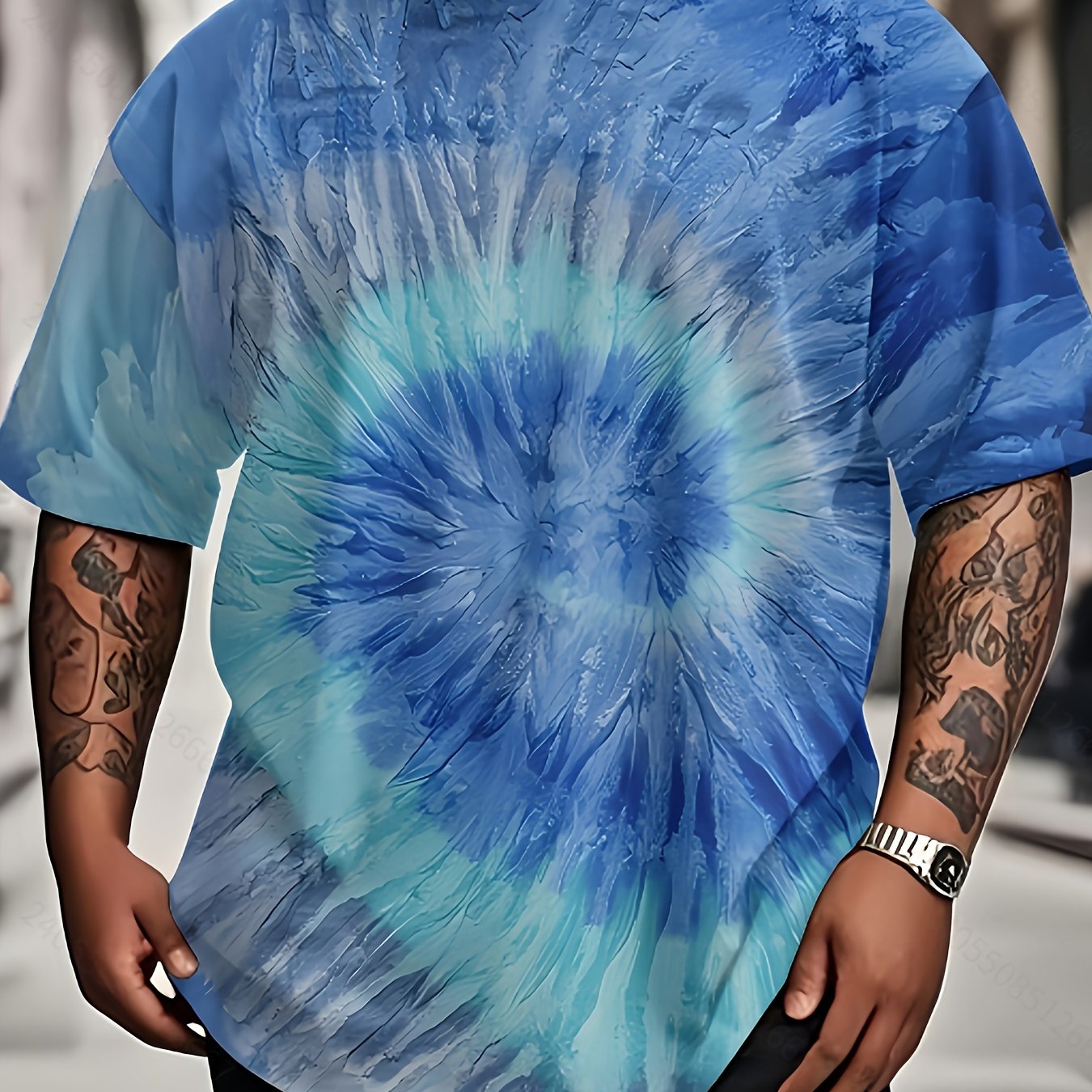TEMU Men's Plus Size Tie-dye T-shirt - And White Swirl Print, Casual Crew Neck Loose Fit, Breathable Summer Top, Comfortable Street Style, Soft