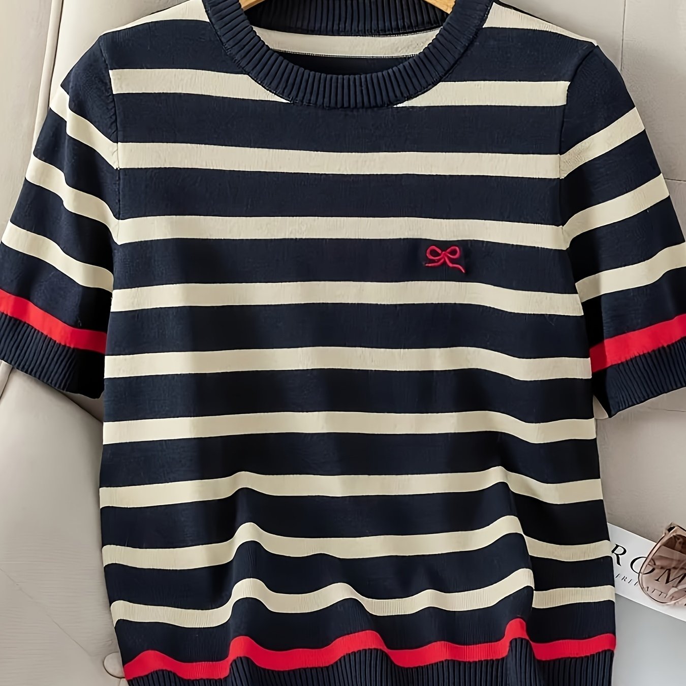 TEMU Embroidered Striped Round Neck Pullover Sweater, Spring/summer Short Sleeve Front Casual Versatile Top, Fashionable Casual Women's Wear