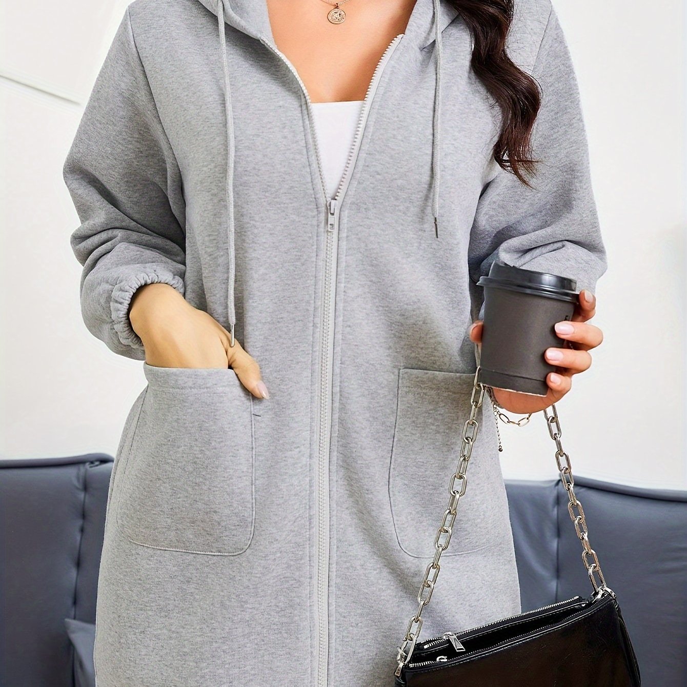 TEMU Women's Fashion Casual Conservative Women's Front Zipper And Drawstring Design Hoodie Full Of Fashion Style Two-piece Front Pocket Mid-length