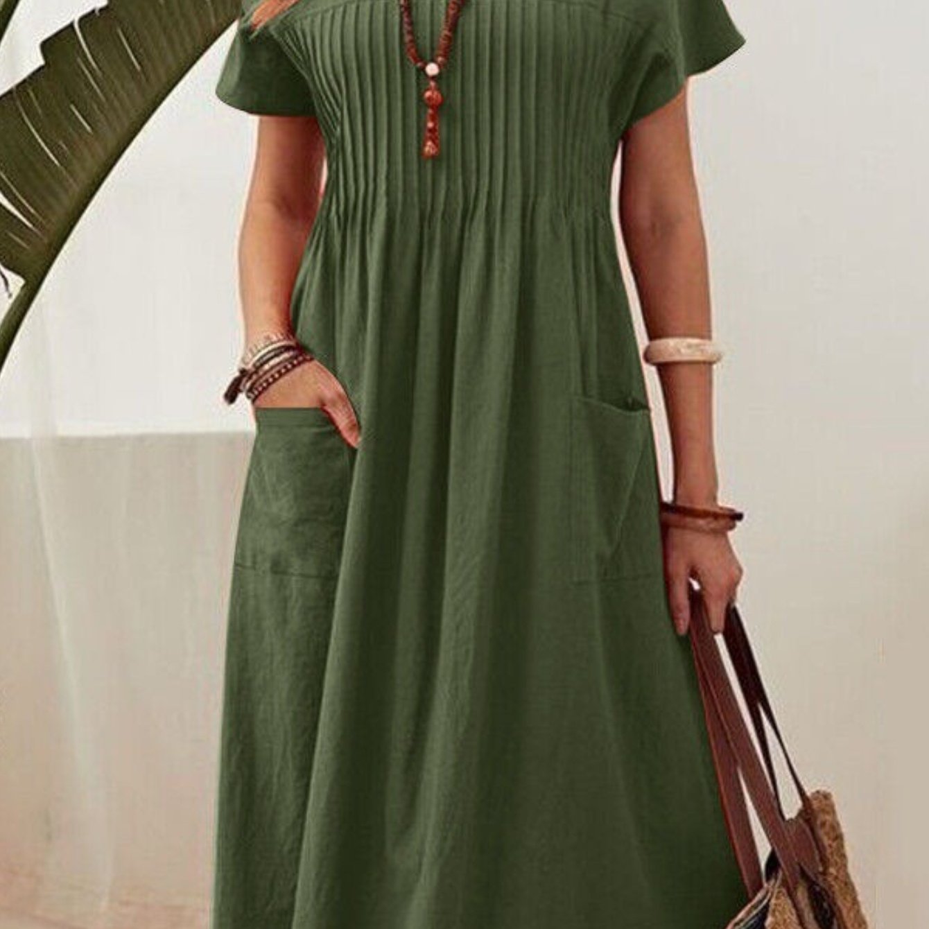 TEMU Plus Size - Plus Size - Women's Long Skirt Summer New Solid Color Round Neck Pocket Pleated Short Sleeved Casual Dress Fashion Long Skirt